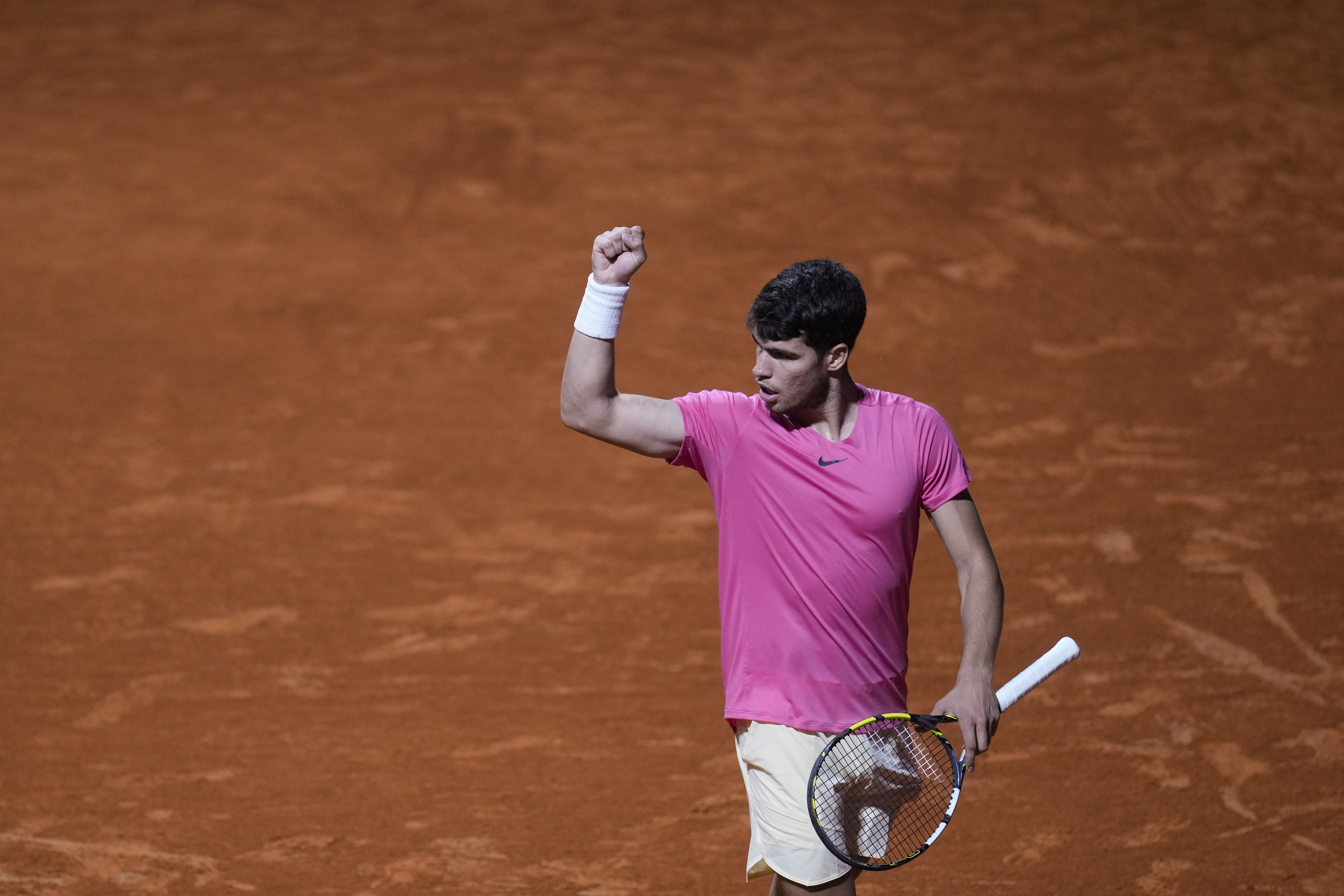 Carlos Alcaraz of Spain reacts during an Argentina Open ATP tennis match against Laslo Djere of Serbia in Buenos Aires, Argentina, Wednesday, Feb. 15, 2023. (AP Photo/Natacha Pisarenko)