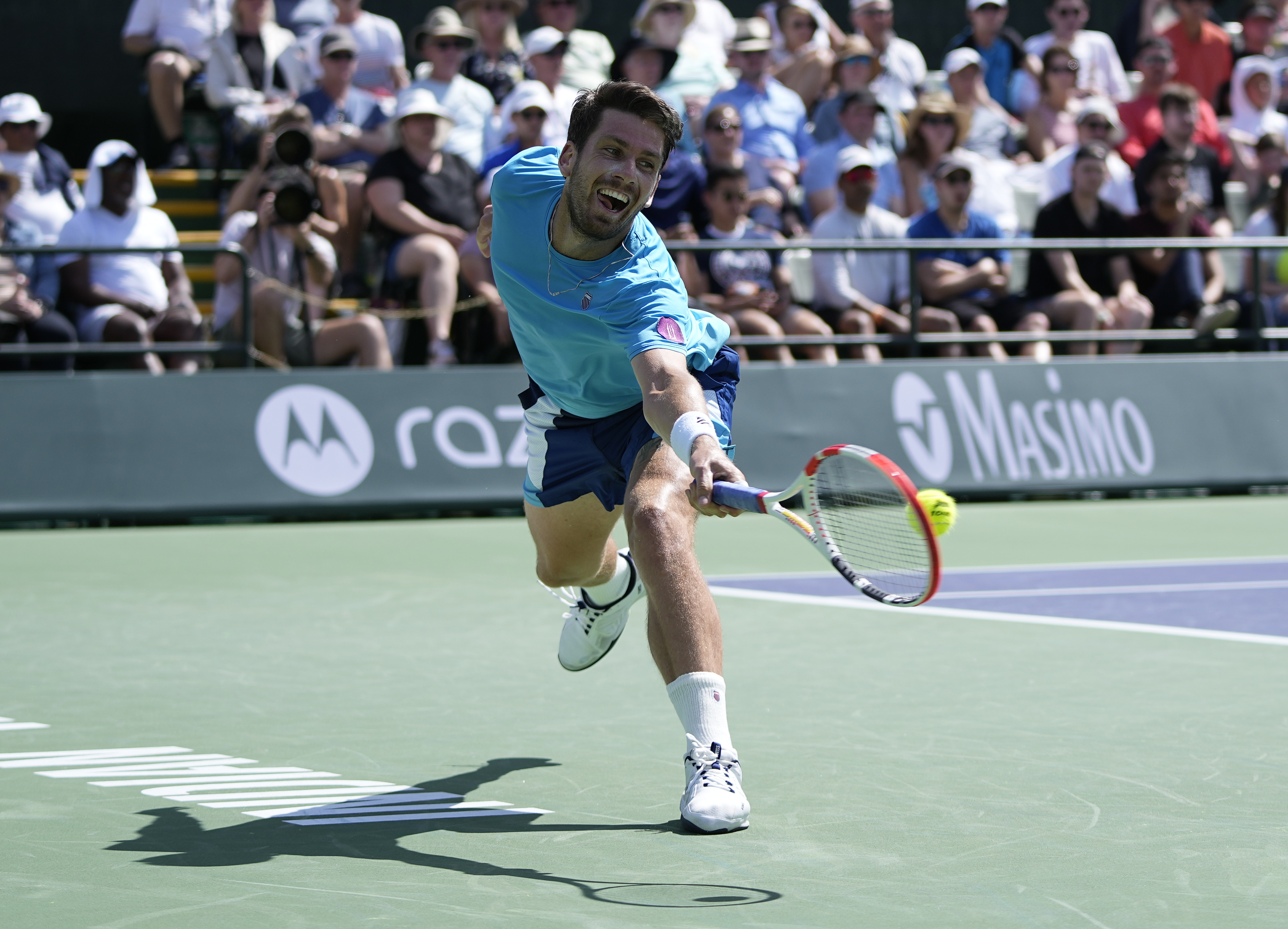 epa10517599 Cameron Norrie of Great Britain in action against Taro Daniel of Japan during the BNP Paribas Open tennis tournament at the Indian Wells Tennis Garden in Indian Wells, California, USA, 12 March 2023.  EPA-EFE/RAY ACEVEDO