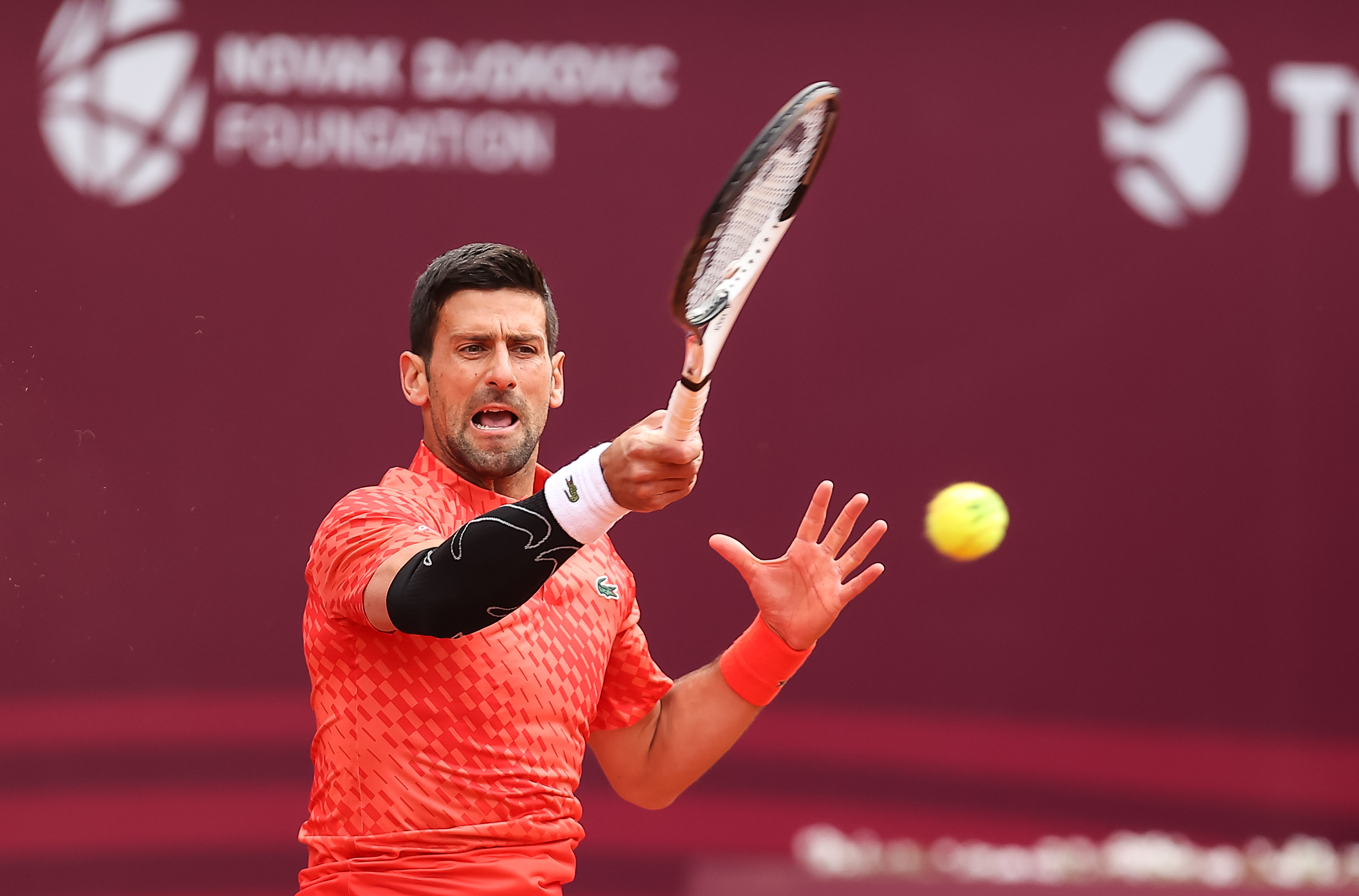 Novak Djokovic returns the ball to Luca Van Assche during the ATP 250 Srpska Open 2023 at National Tennis Center on April 19, 2023 in Banja Luka, Bosnia and Herzegovina. (Photo by Predrag Milosavljevic/Starsport.rs)