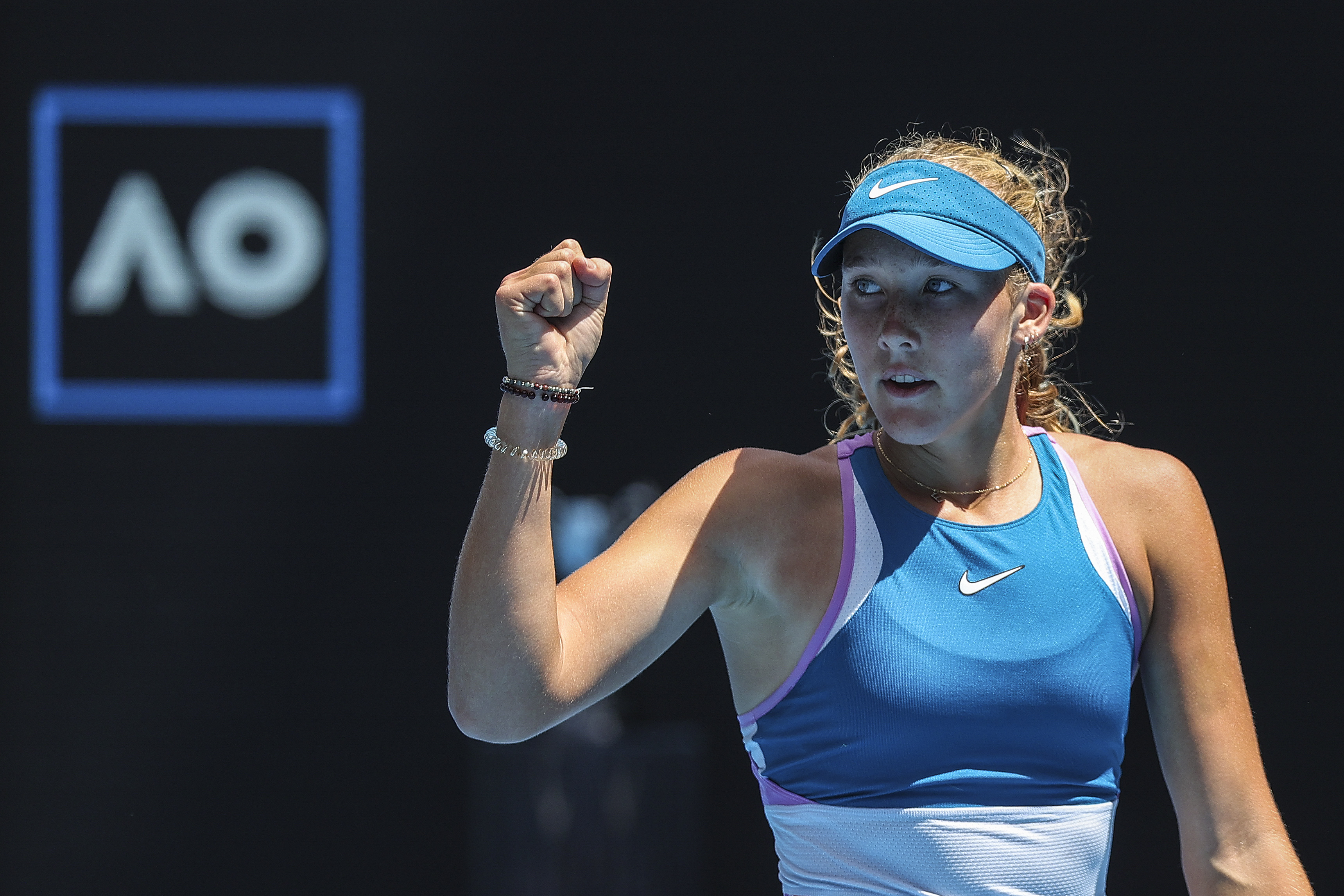 epa10435129 Mirra Andreeva of Russia reacts during the Junior Girls Singles final against Alina Korneeva of Russia at the Australian Open tennis tournament in Melbourne, Australia 28 January 2023.  EPA-EFE/FAZRY ISMAIL