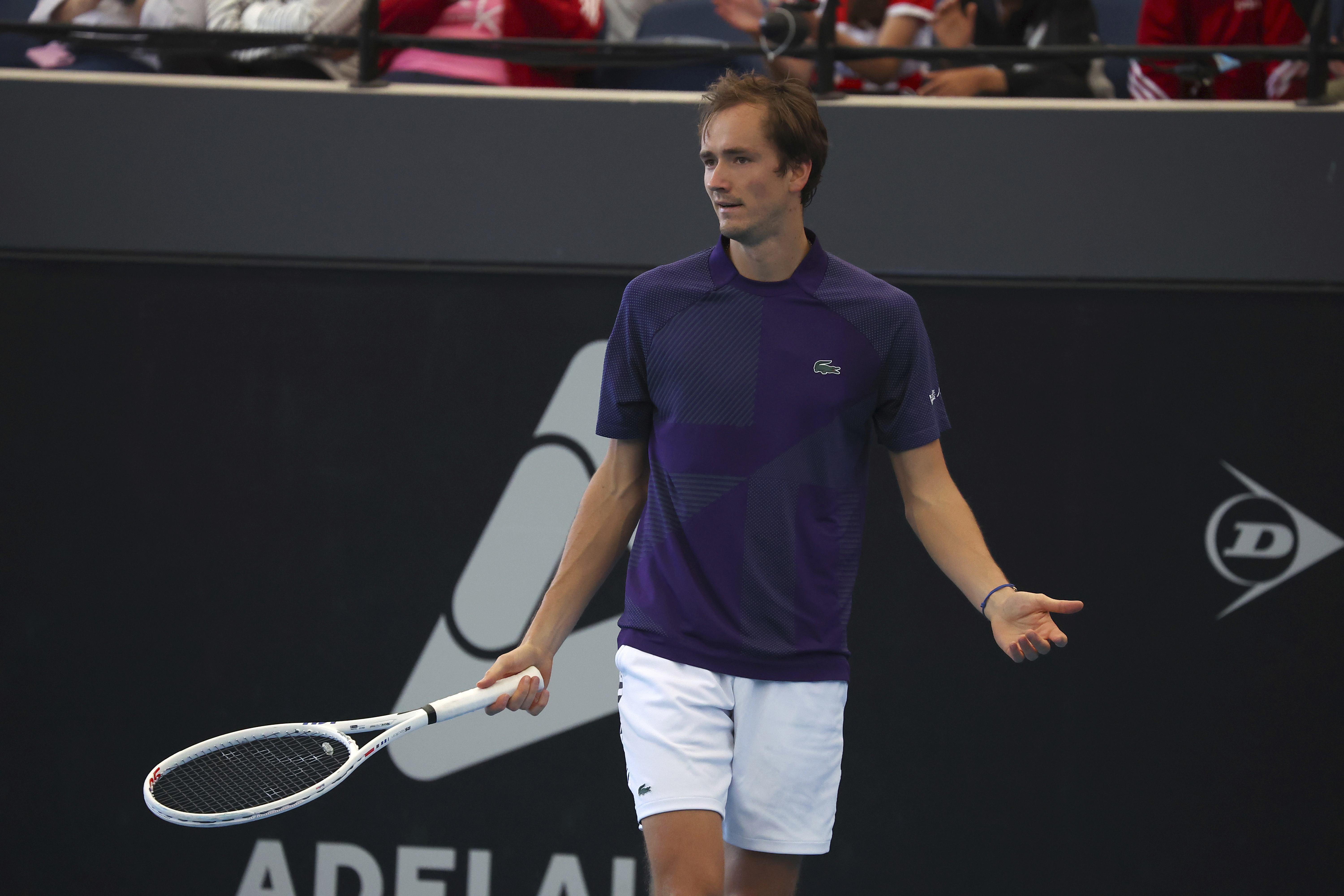 Russia's Daniil Medvedev reacts during a match against Serbia's Miomir Kecmanovic during their Round of 16 match at the Adelaide International Tennis tournament in Adelaide, Australia, Wednesday, Jan. 4, 2023. (AP Photo/Kelly Barnes)