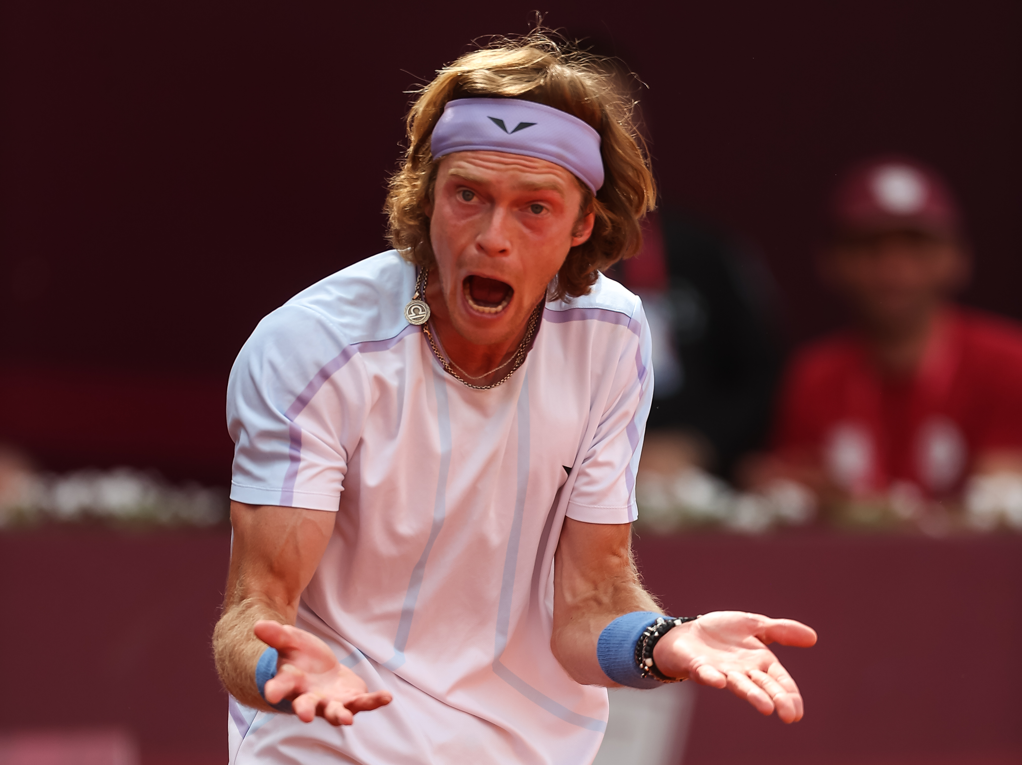 Andrey Rublev reacts during his match against Dusan Lajovic at the ATP 250 Srpska Open 2023 Final match at National Tennis Center on April 23, 2023 in Banja Luka, Bosnia and Herzegovina. (Photo by Predrag Milosavljevic/Starsport.rs)