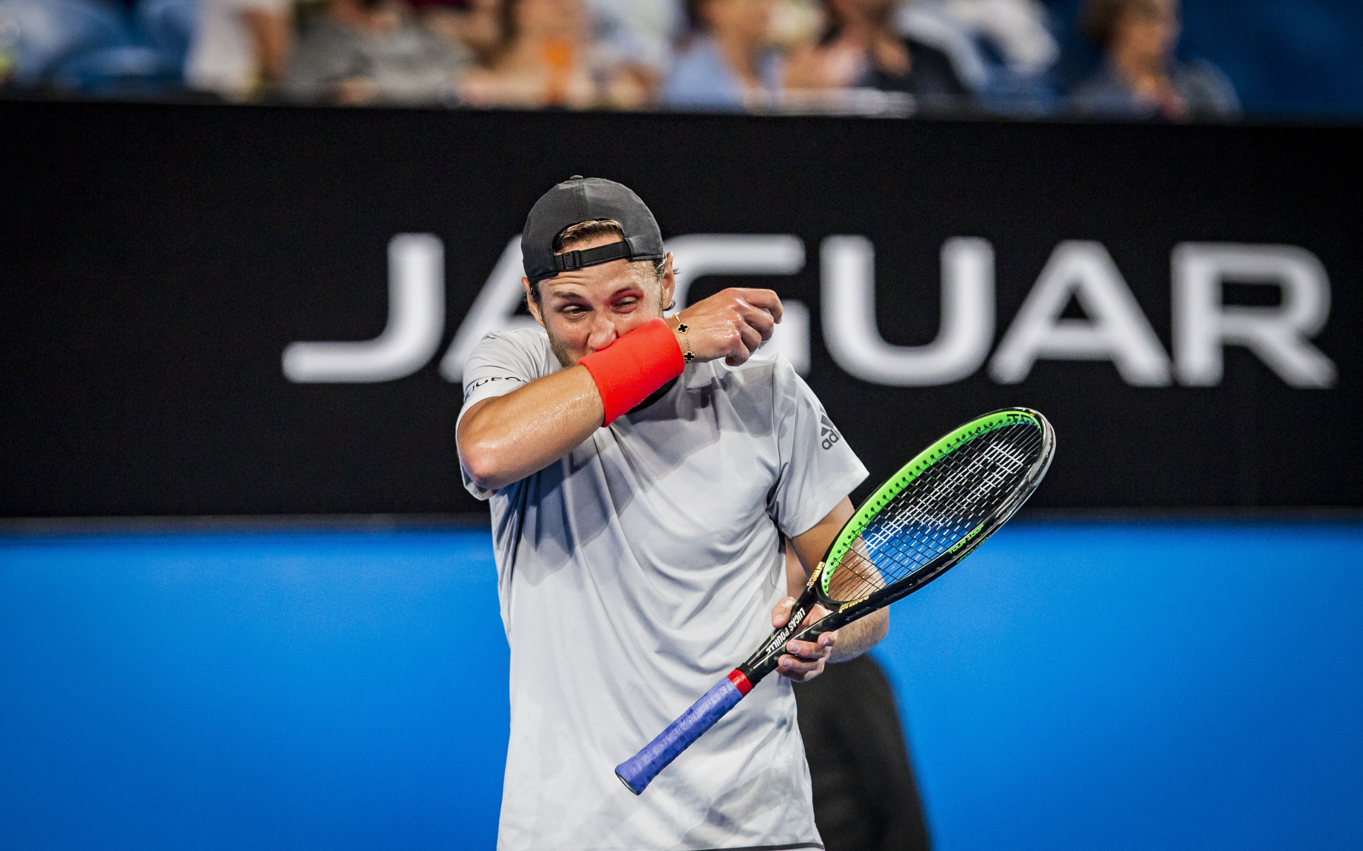 epa07252640 Lucas Pouille of France during the men's singles match between Australia and France on day 1 of the Hopman Cup tennis tournament at RAC Arena in Perth, Australia, 29 December 2018.  EPA-EFE/TONY MCDONOUGH  AUSTRALIA AND NEW ZEALAND OUT