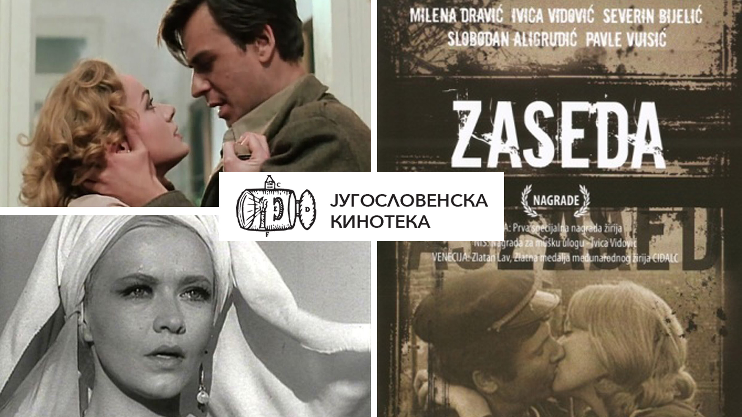 Žarko Laušević u filmu "Oficir s ružom", Mića Popović "Hasanaginica", Živojin Pavlović film 
Zaseda“ i logo Kinoteke