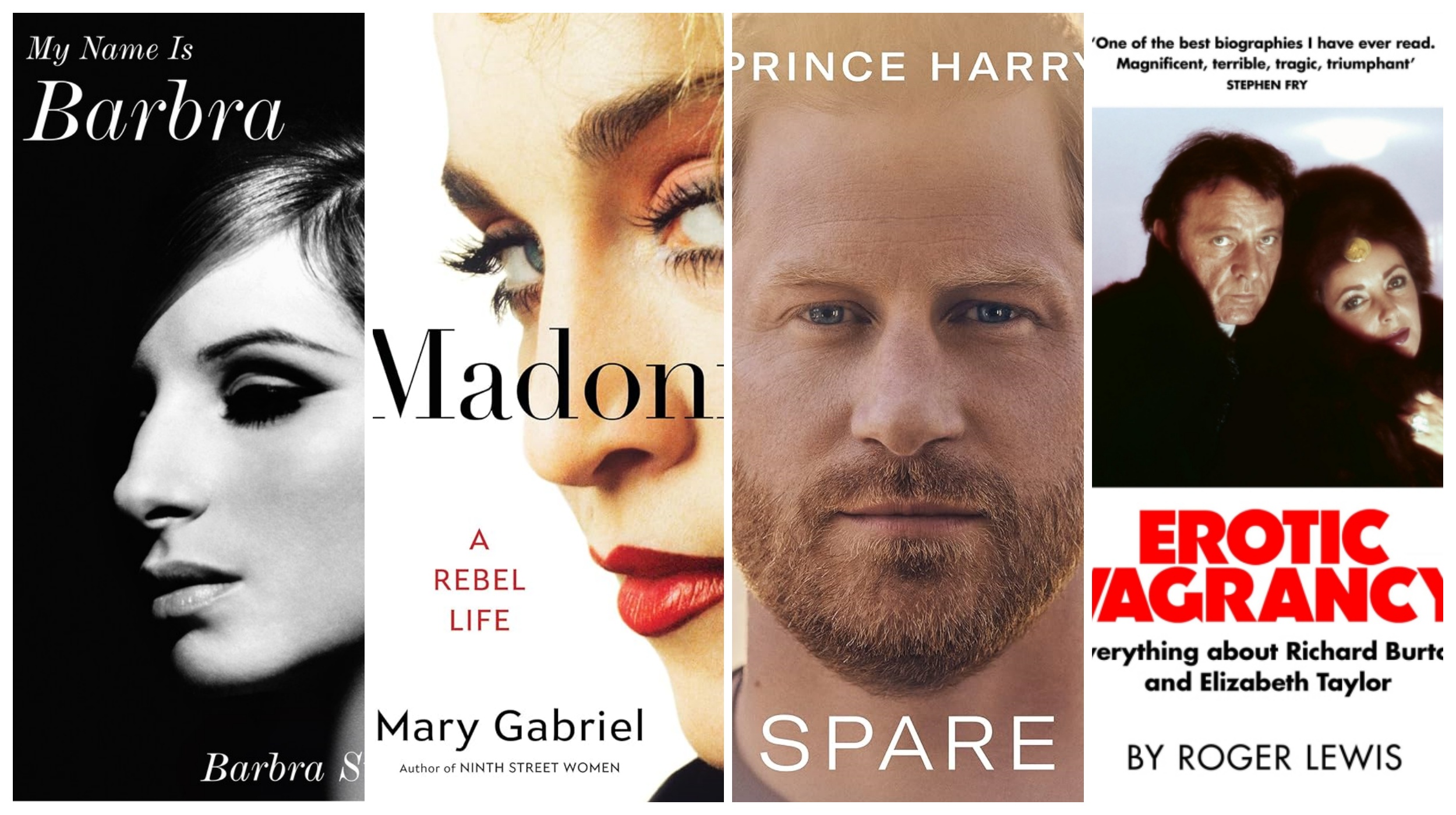 kombo knjiga korica - memoari Barbra Streisand "My name is Barbra",  Madonna "A rebel life", Prince Harry "Spare",   Erotic Vagrancy (Riverrun), by Roger Lewis,