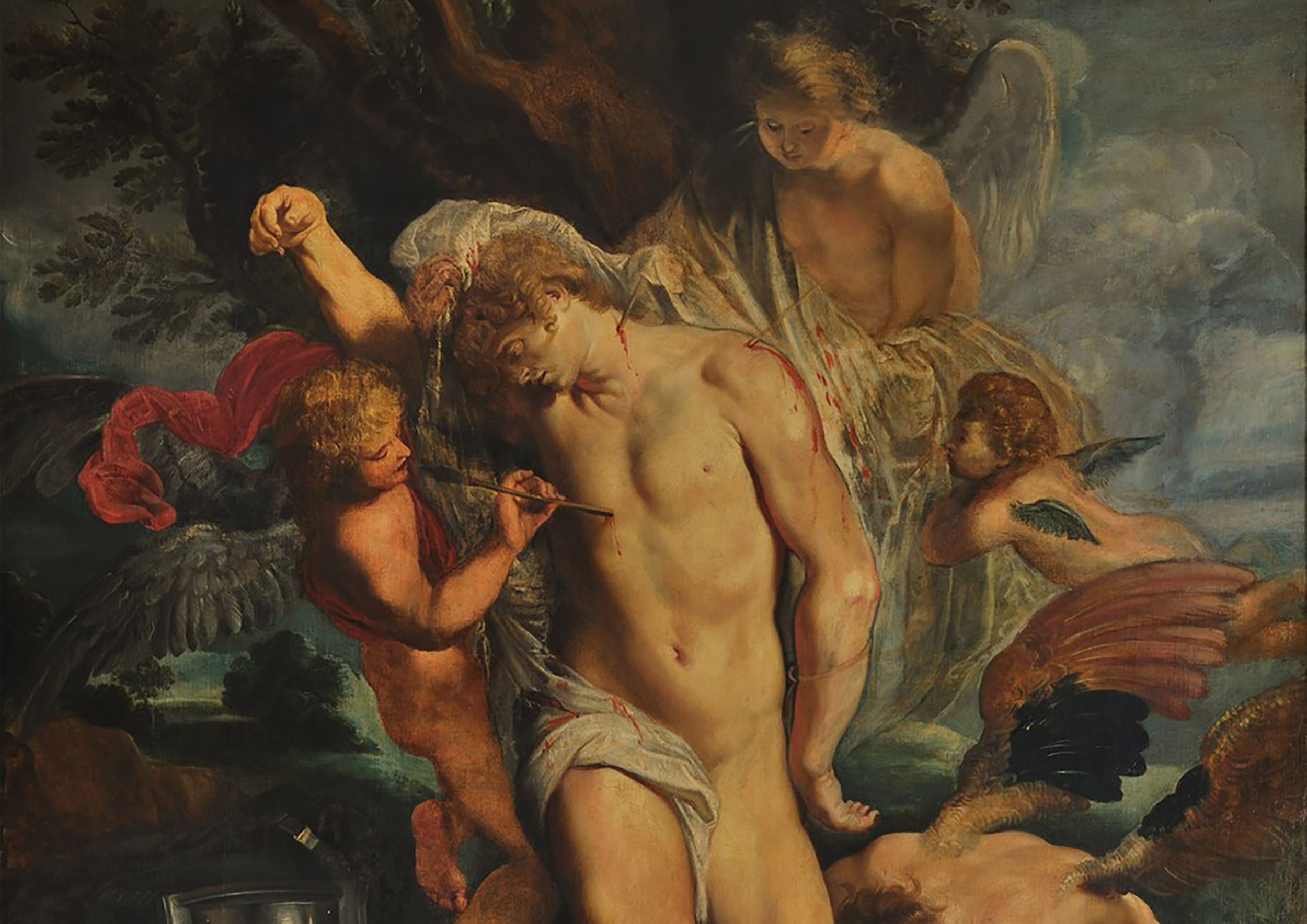 Saint Sebastian Tended by Angels. Found in the Collection of Galleria Nazionale d'Arte Antica, Rome.,Image: 343939158, License: Rights-managed, Restrictions: , Model Release: no, Credit line: Fine Art Images / Heritage Images / Profimedia