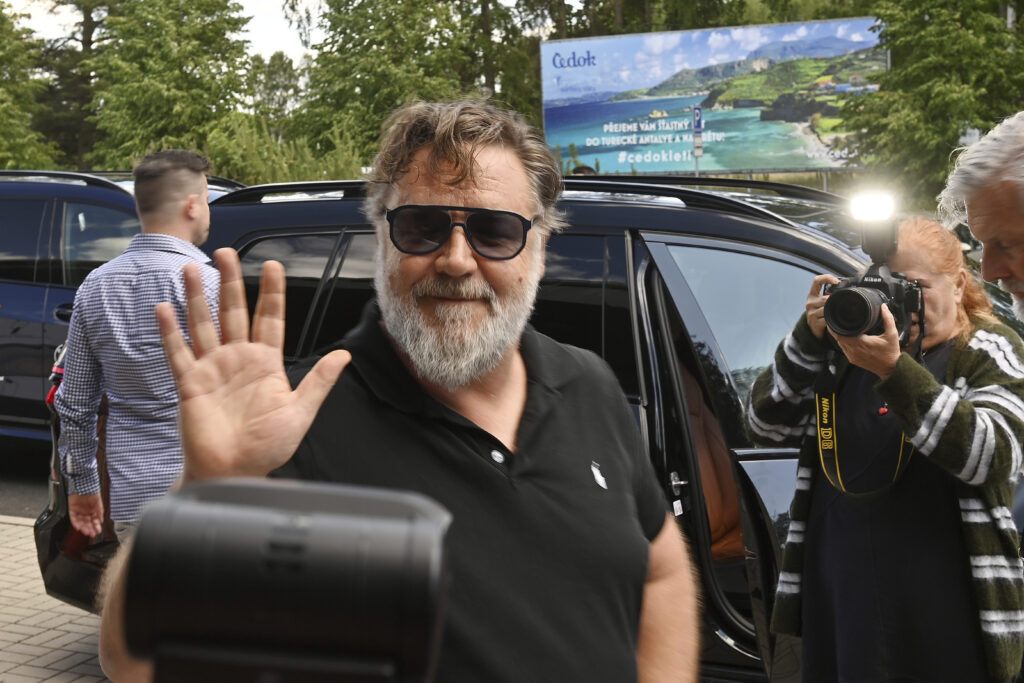 Actor and musician Russell Crowe arrives to the 57th Karlovy Vary International Film Festival (KVIFF), Wednesday, June 28, 2023, in Karlovy Vary, Czech Republic. (Slavomir Kubes/CTK via AP)