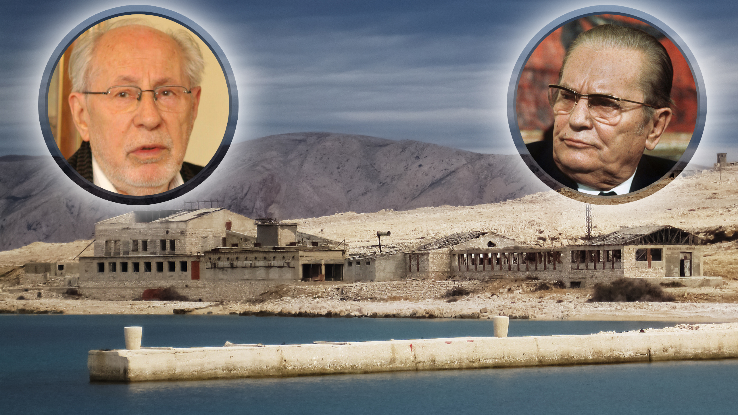 goli otok, ,dragoslav mihajlovic, josip broz tito kombo View from the sea on the rocky island "Naked",ex prison for political convicts and rebels at sunny day with incoming storm from distance