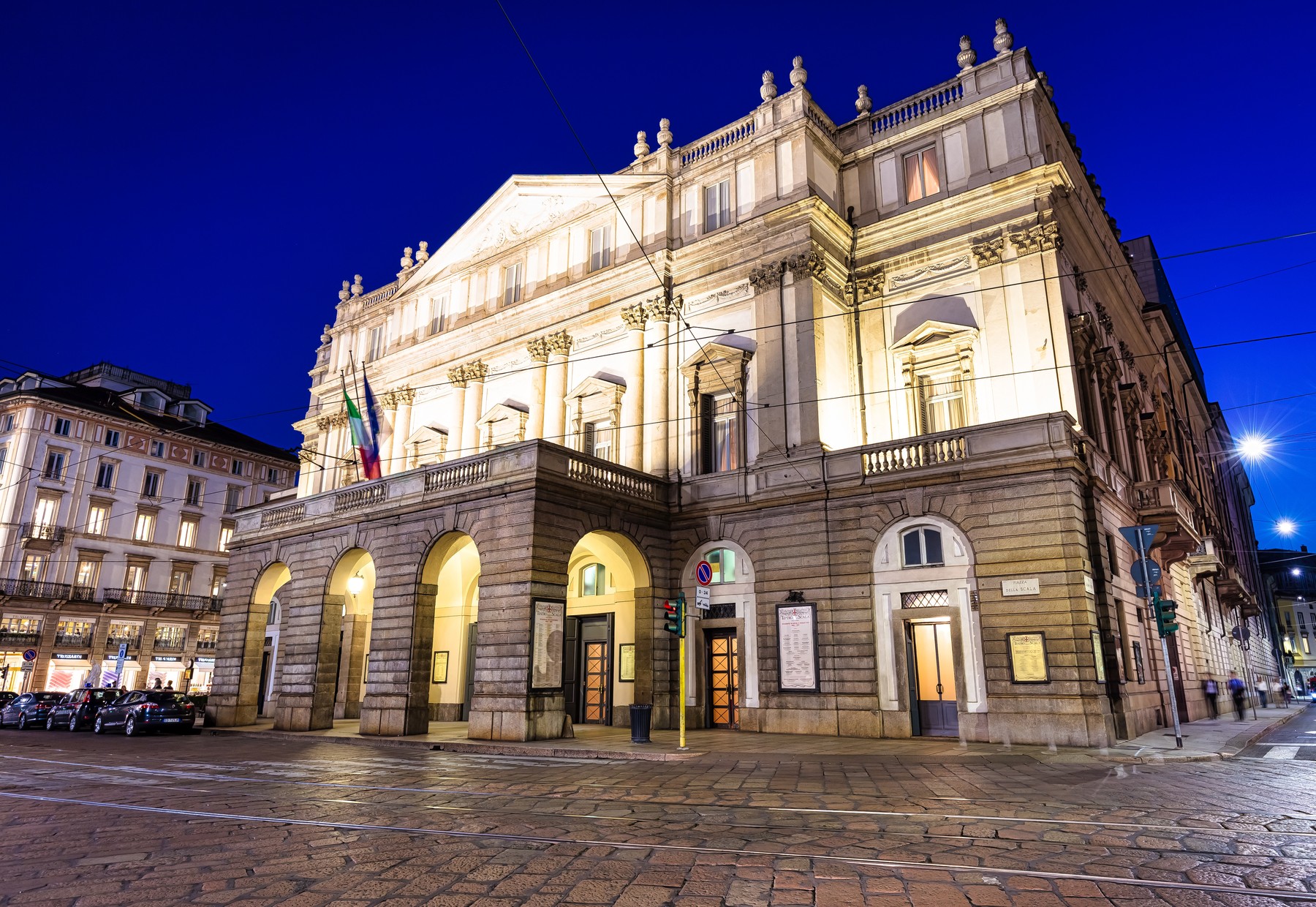 Theatre La Scala in Milan, Italy, by night. One of the most famous Italian buildings - 1778.