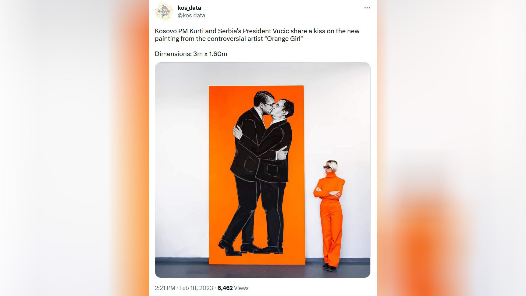 Aleksandar Vučić, Aljbin Kurti, poljubac, Orange girl, umetnica Foto: Printscreen/Twitter/kos_data
