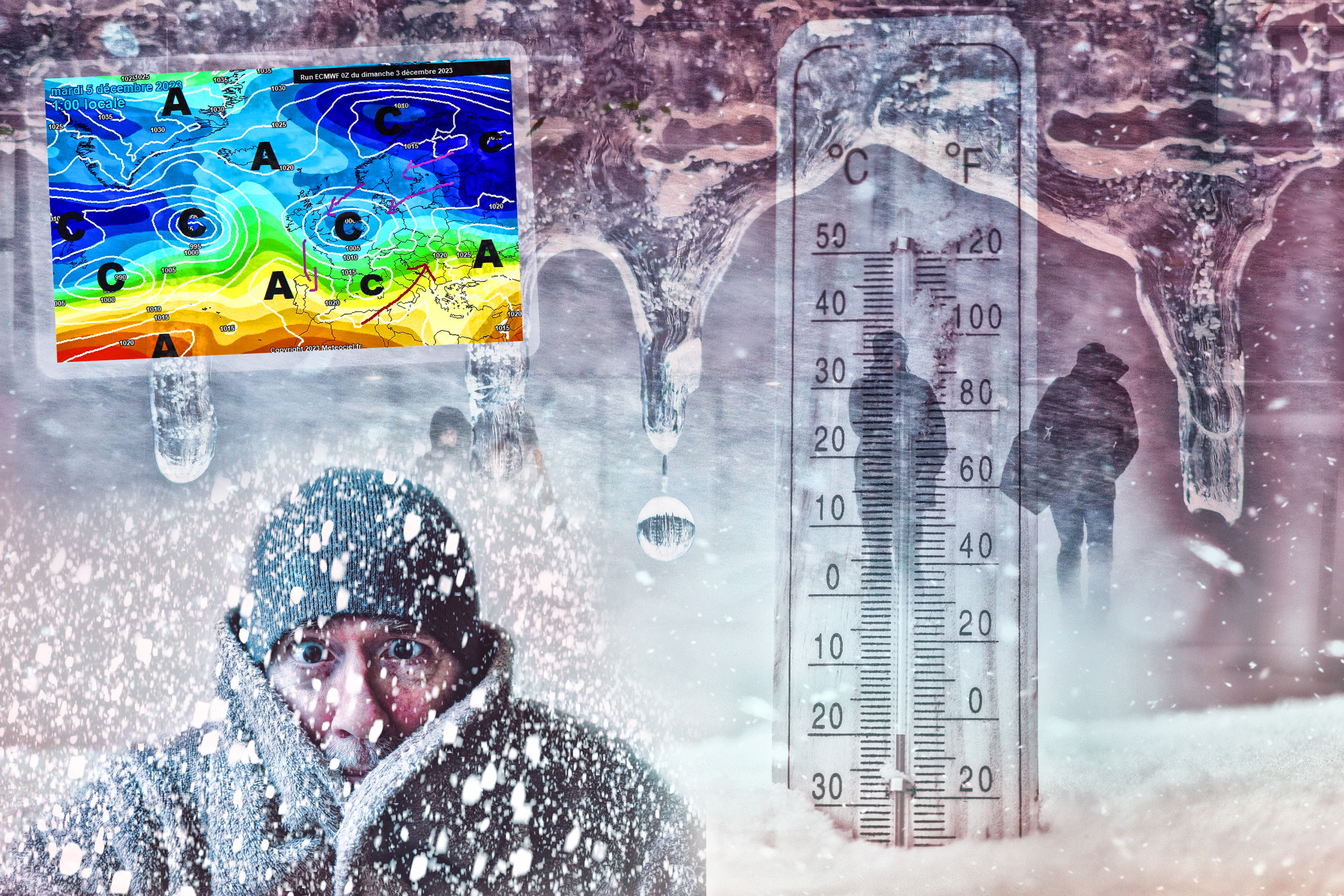 The blizzard, strong wind, sleet, against the background of houses blurred silhouettes of people, they try to hide from bad weather, overcome all difficulties of severe climate. go to the bus stop.