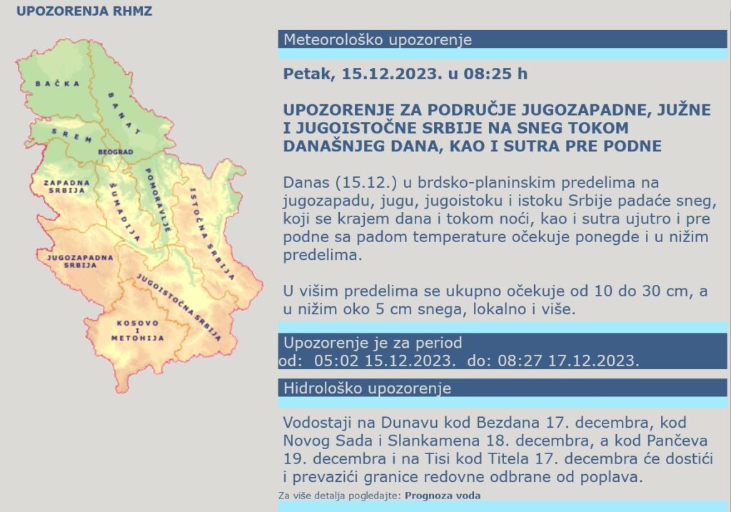 Sneg, vremenska prognoza, RHMZ, najava, upozorenja i najave Foto: RHMZ