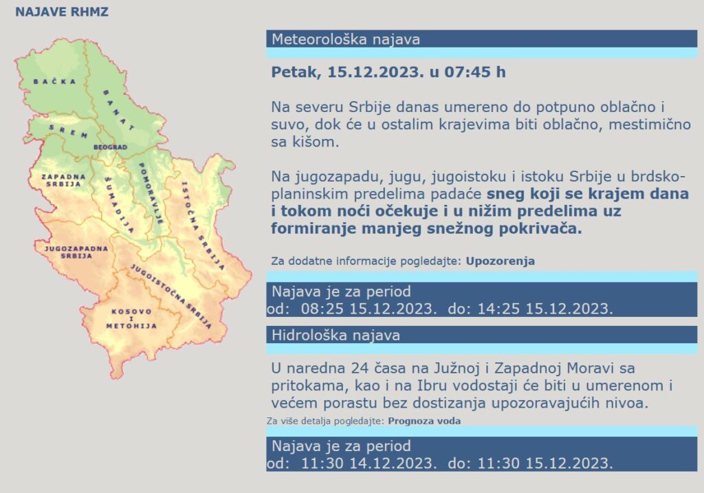 Sneg, vremenska prognoza, RHMZ, najava, upozorenja i najave Foto: RHMZ