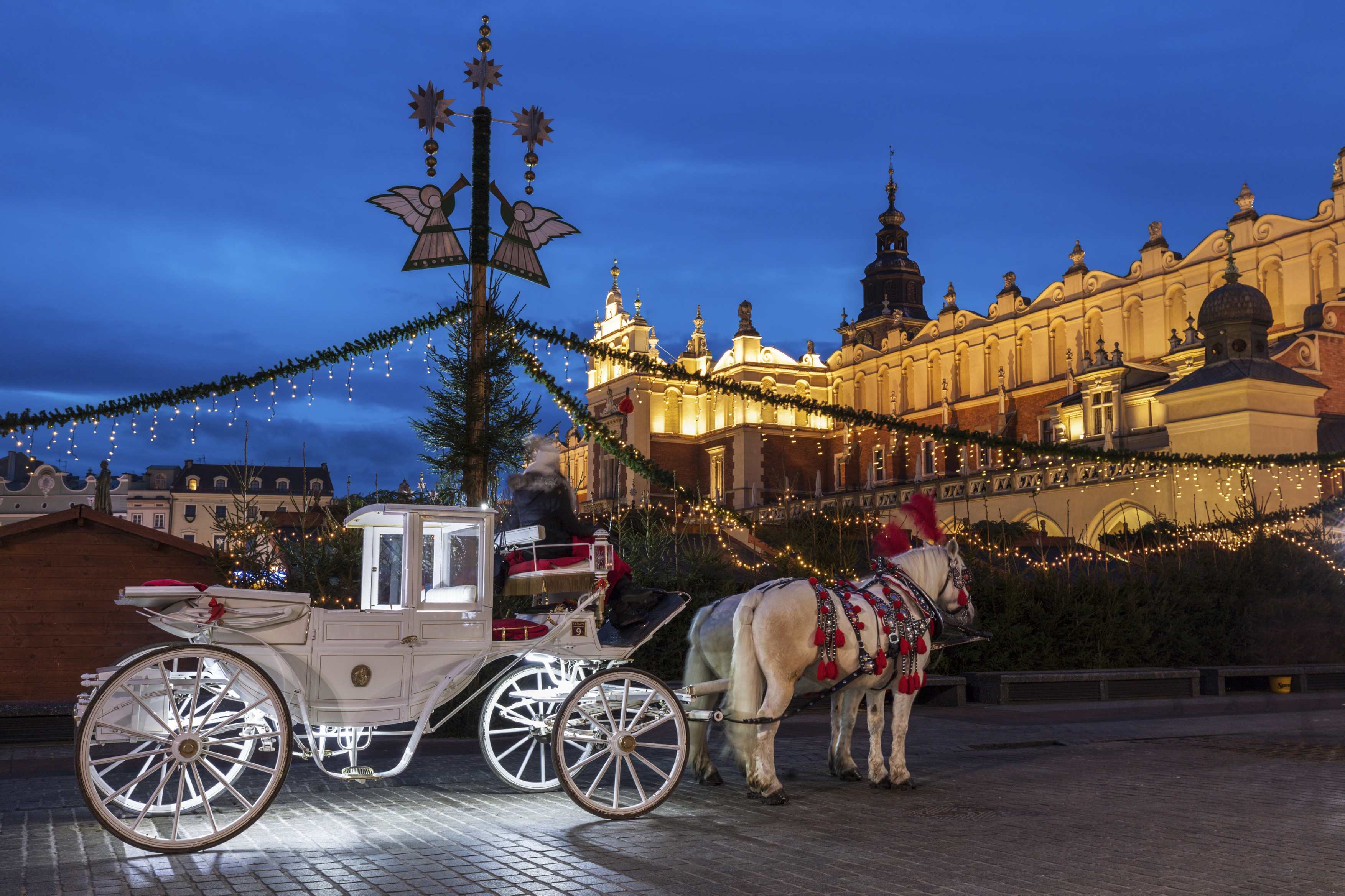 Poland, Malopolskie, Krakow, Horse carriage in town square