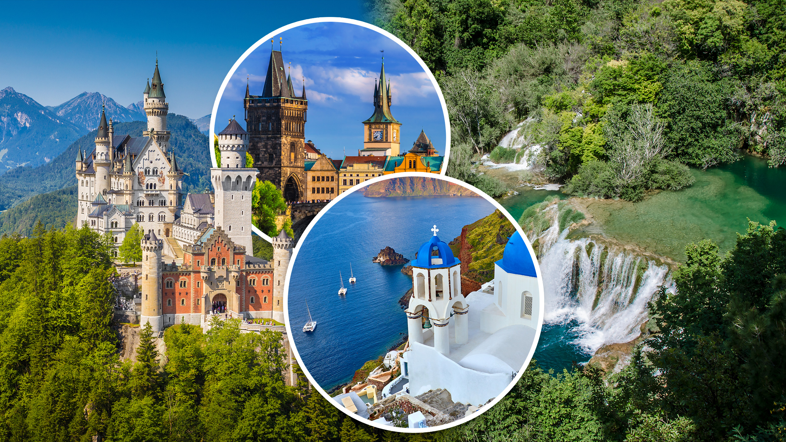 Plitvice, Prag, Santorini, Neuschwanstein Castle nemačka