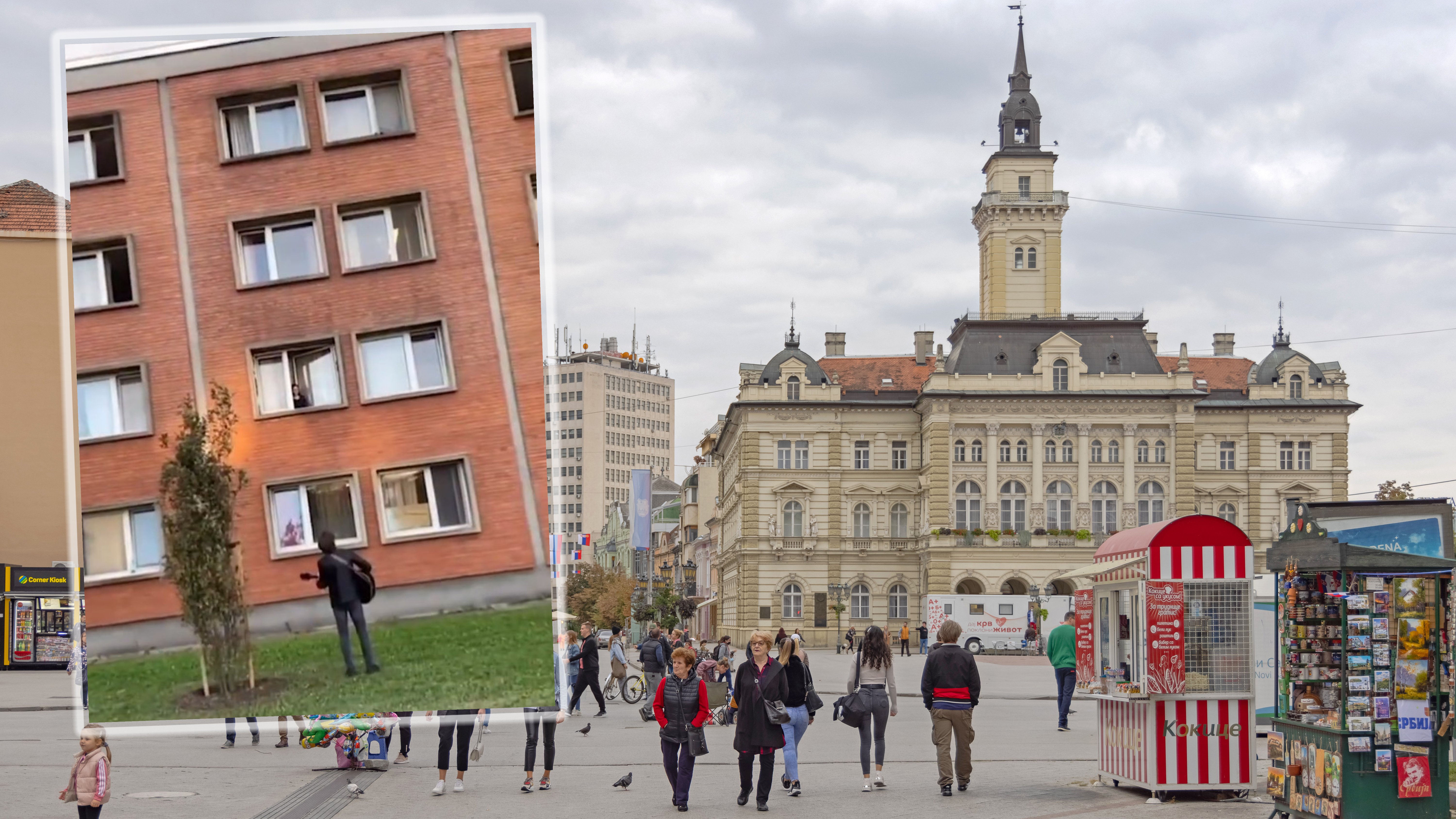 Novi Sad, Serbia - September 21, 2021: People Walking at Pedestrians Zone Street and Town Hall Building in City Centre.