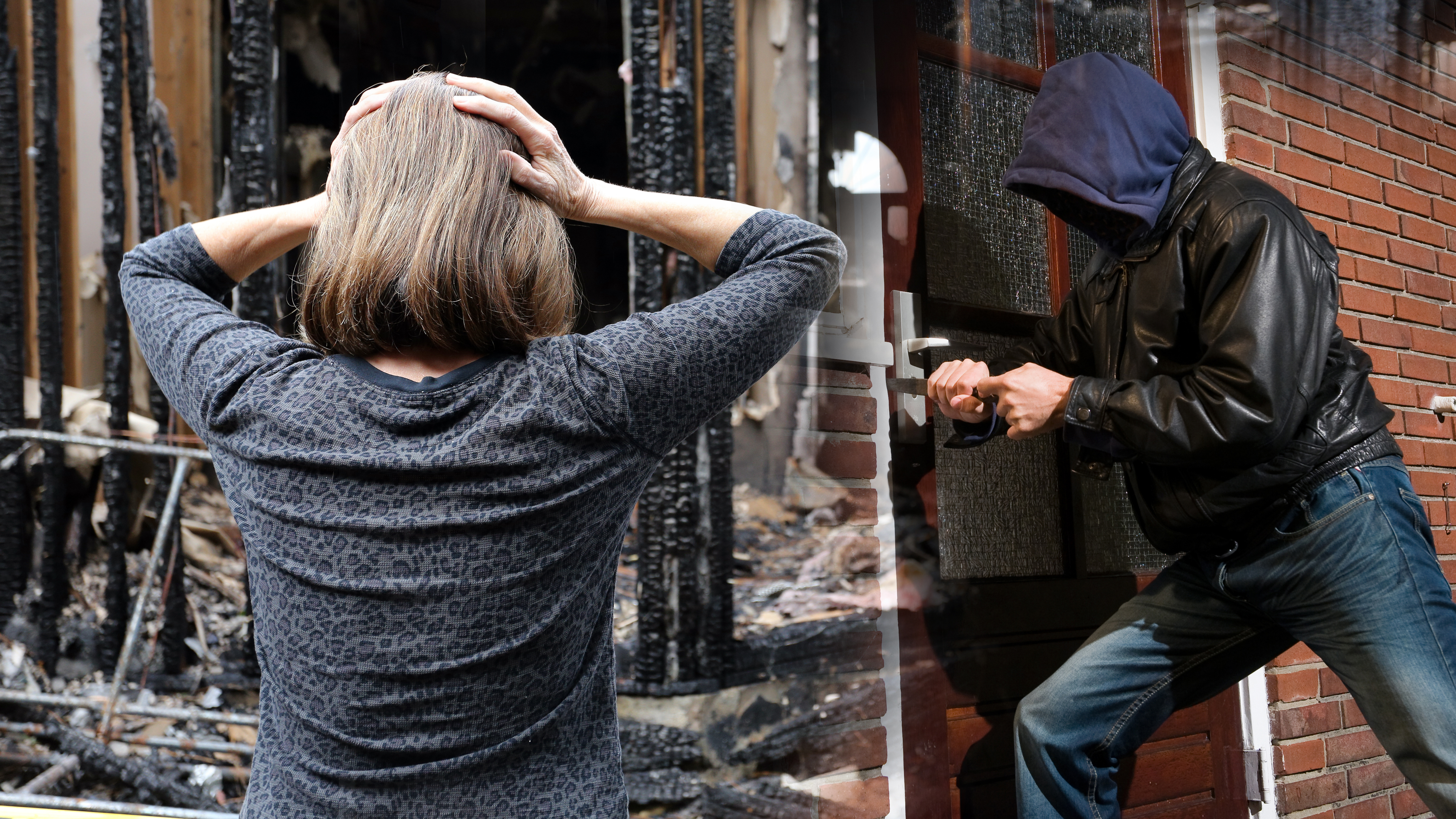 A woman is upset about her house which has burned down. provalnik u stanu, neko obijanje brave ili tako nešto 
i nekog požara, stana kako gori, vatrogasaca tako nešto... hvala