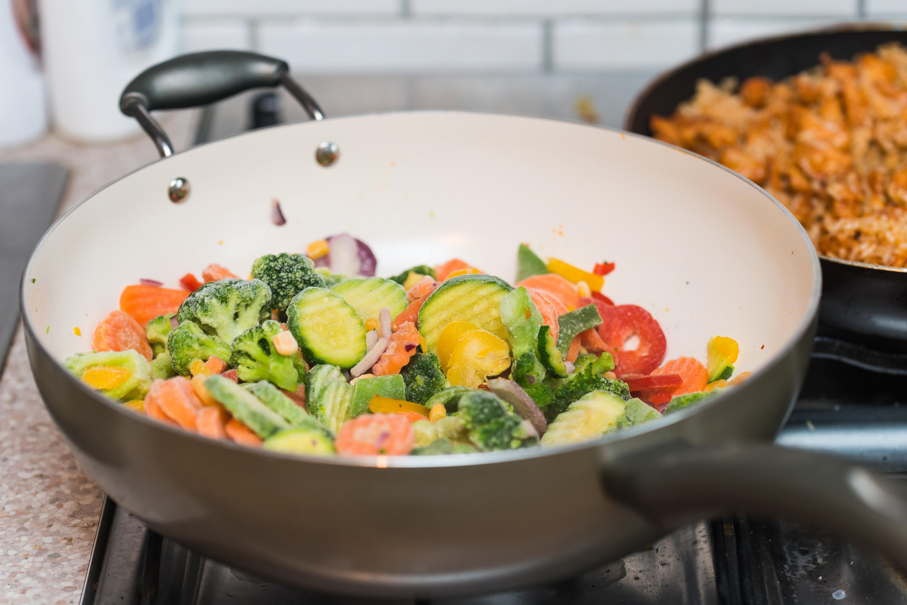 Mix of frozen vegetables in the pan