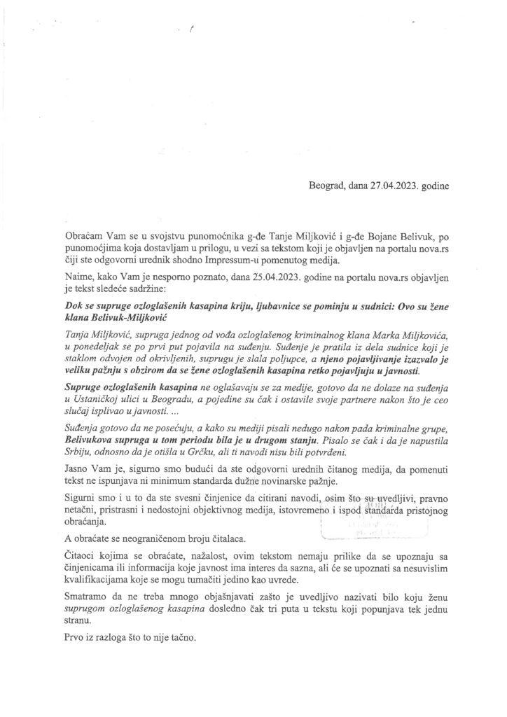 Belivuk miljkovic supruge dopis advokata
