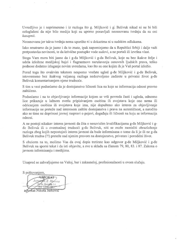 Belivuk miljkovic supruge dopis advokata