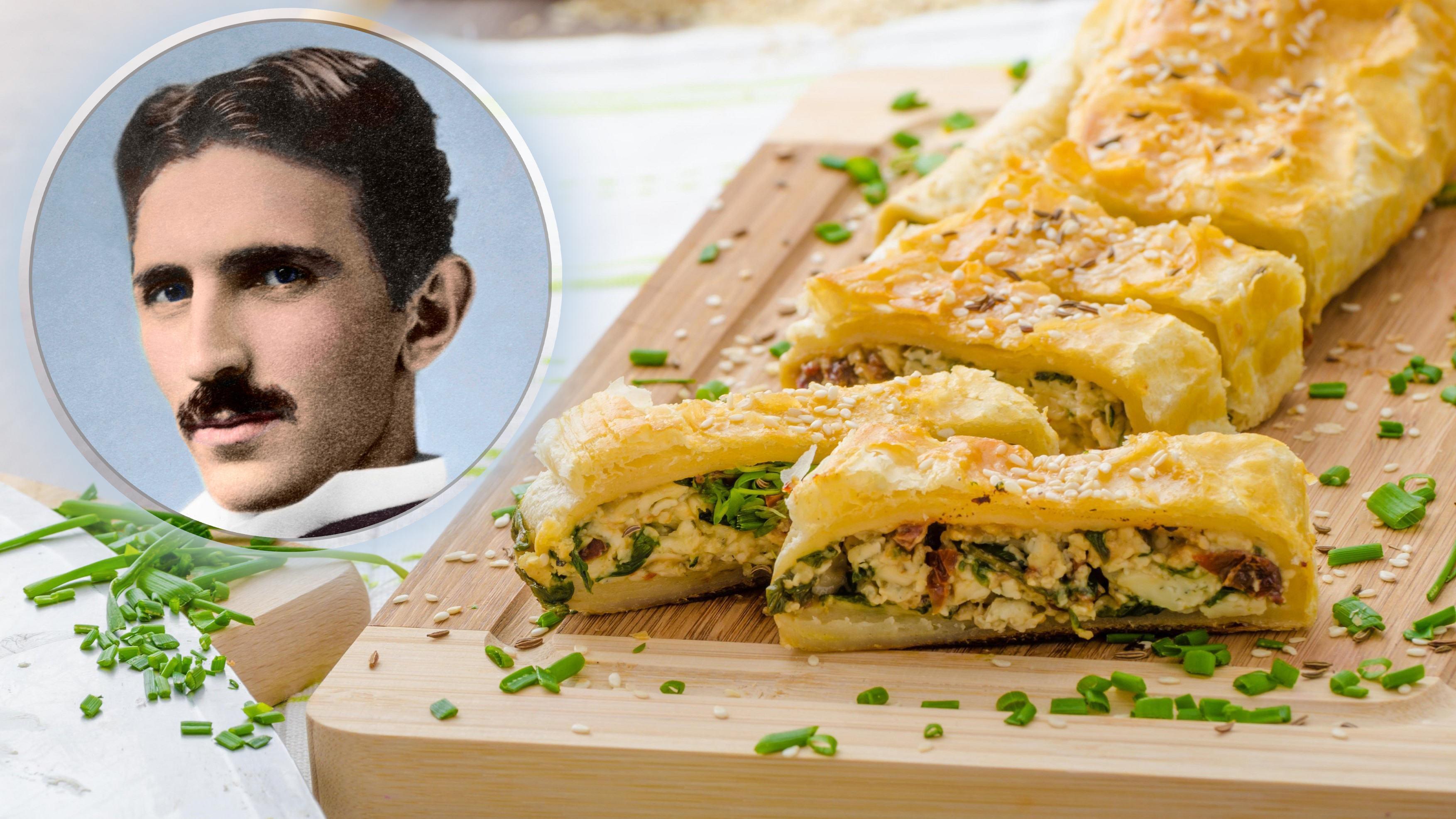 Strudel with spinach, blue cheese and garlic, sprinkled with chive and sesame,Image: 322063845, License: Royalty-free, Restrictions: , Model Release: no, Credit line: Petr tepánek / Alamy / Alamy / Profimedia nikola tesla i strudla