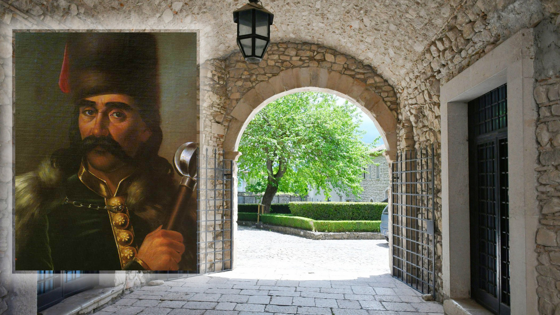 The entrance of the abbey of Goleto, a medieval monastery located in Campania, Italy.