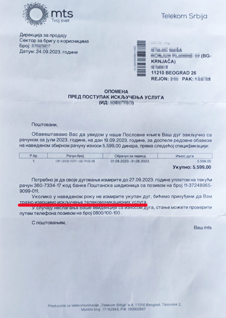 mts racun opomena pred trajno iskljucenje