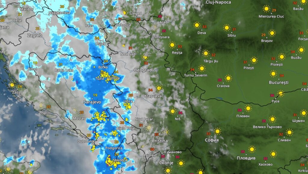 14h, danas 05.08.2023. Nevreme, vremenska prognoza, oblak, kiša, oluja, grafika Foto: Printscreen/vremeradar.rs
