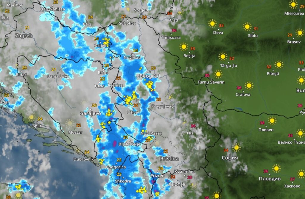 16h, danas 05.08.2023. Nevreme, vremenska prognoza, oblak, kiša, oluja, grafika Foto: Printscreen/vremeradar.rs