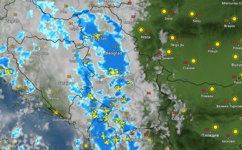 17h, danas 05.08.2023. Nevreme, vremenska prognoza, oblak, kiša, oluja, grafika Foto: Printscreen/vremeradar.rs