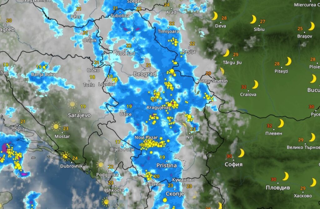 20h, danas 05.08.2023. Nevreme, vremenska prognoza, oblak, kiša, oluja, grafika Foto: Printscreen/vremeradar.rs