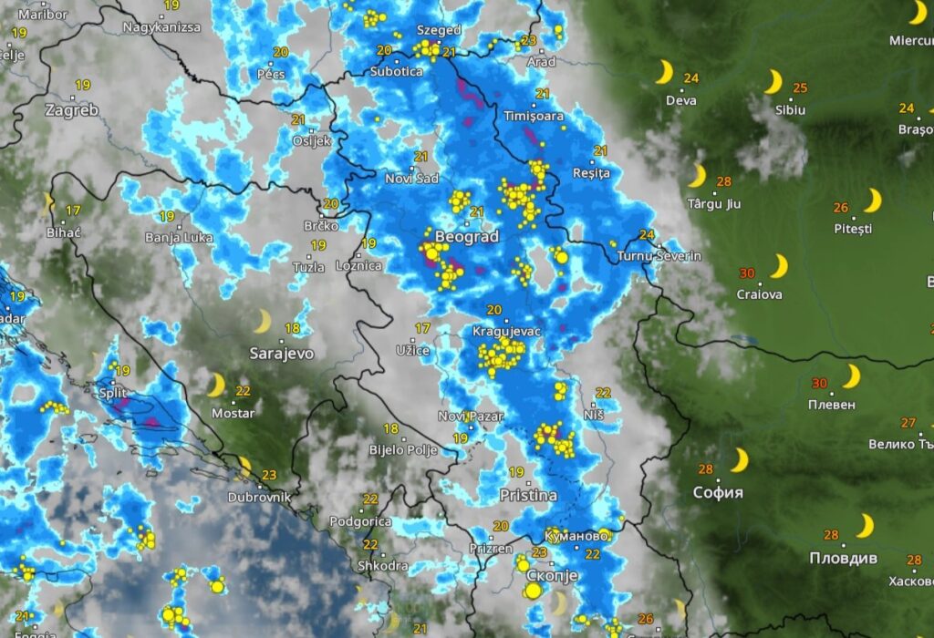 21h, danas 05.08.2023. Nevreme, vremenska prognoza, oblak, kiša, oluja, grafika Foto: Printscreen/vremeradar.rs