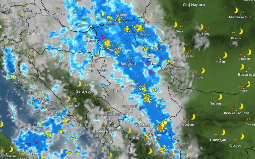 22h, danas 05.08.2023. Nevreme, vremenska prognoza, oblak, kiša, oluja, grafika Foto: Printscreen/vremeradar.rs