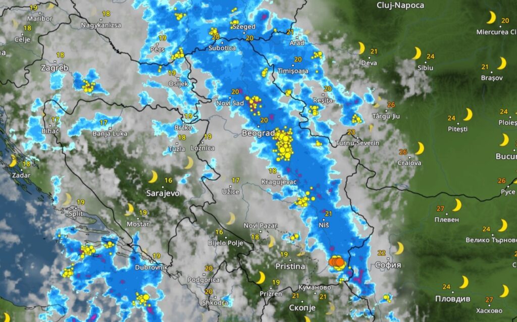 23h, danas 05.08.2023. Nevreme, vremenska prognoza, oblak, kiša, oluja, grafika Foto: Printscreen/vremeradar.rs