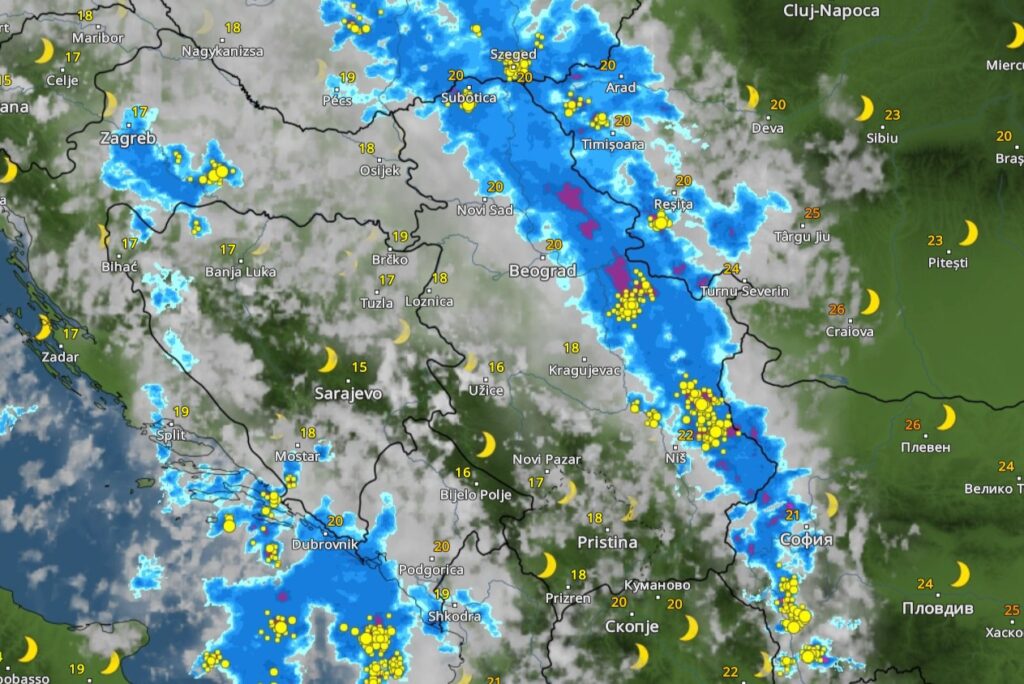 24h, ponoć, danas 05-06.08.2023. Nevreme, vremenska prognoza, oblak, kiša, oluja, grafika Foto: Printscreen/vremeradar.rs