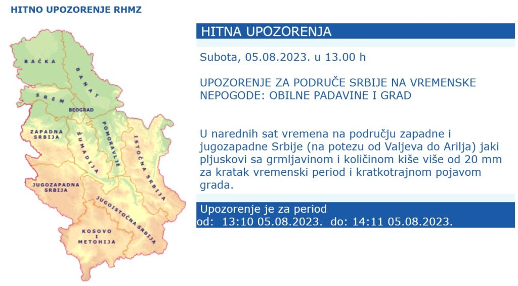 Vremenska prognoza, kiša, upozorenja i najave Foto: RHMZ