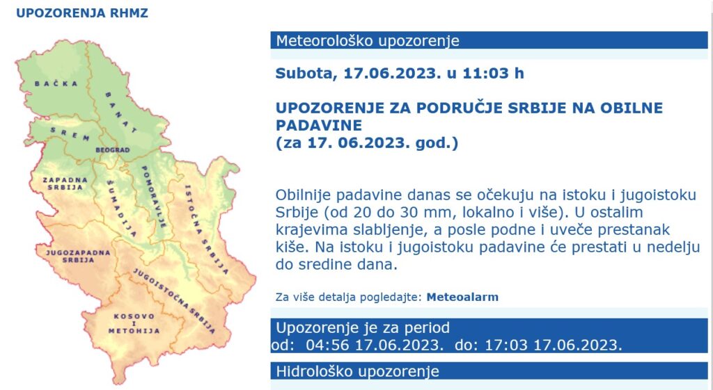 Kiša, nevreme, pljusak, vremenska prognoza, najava, upozorenje Foto: RHMZ