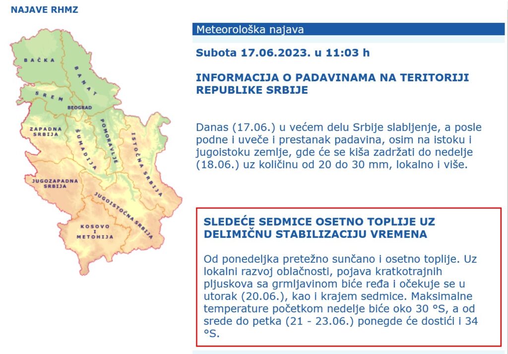 Kiša, nevreme, pljusak, vremenska prognoza, najava, upozorenje Foto: RHMZ