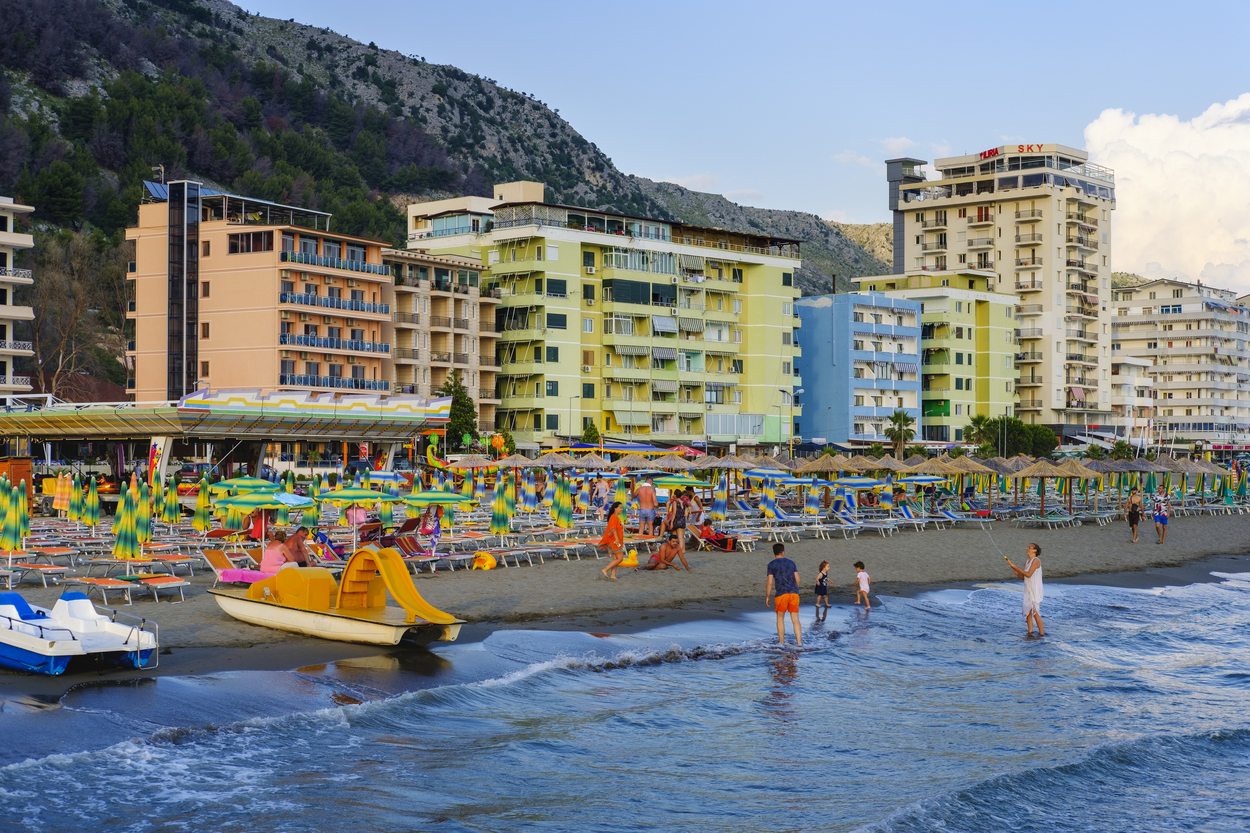 Hotels on the beach of Shëngjin, Adriatic Sea, Qark Lezha, Albania,Image: 387407177, License: Rights-managed, Restrictions: , Model Release: no, Credit line: Martin Siepmann / imageBROKER / Profimedia