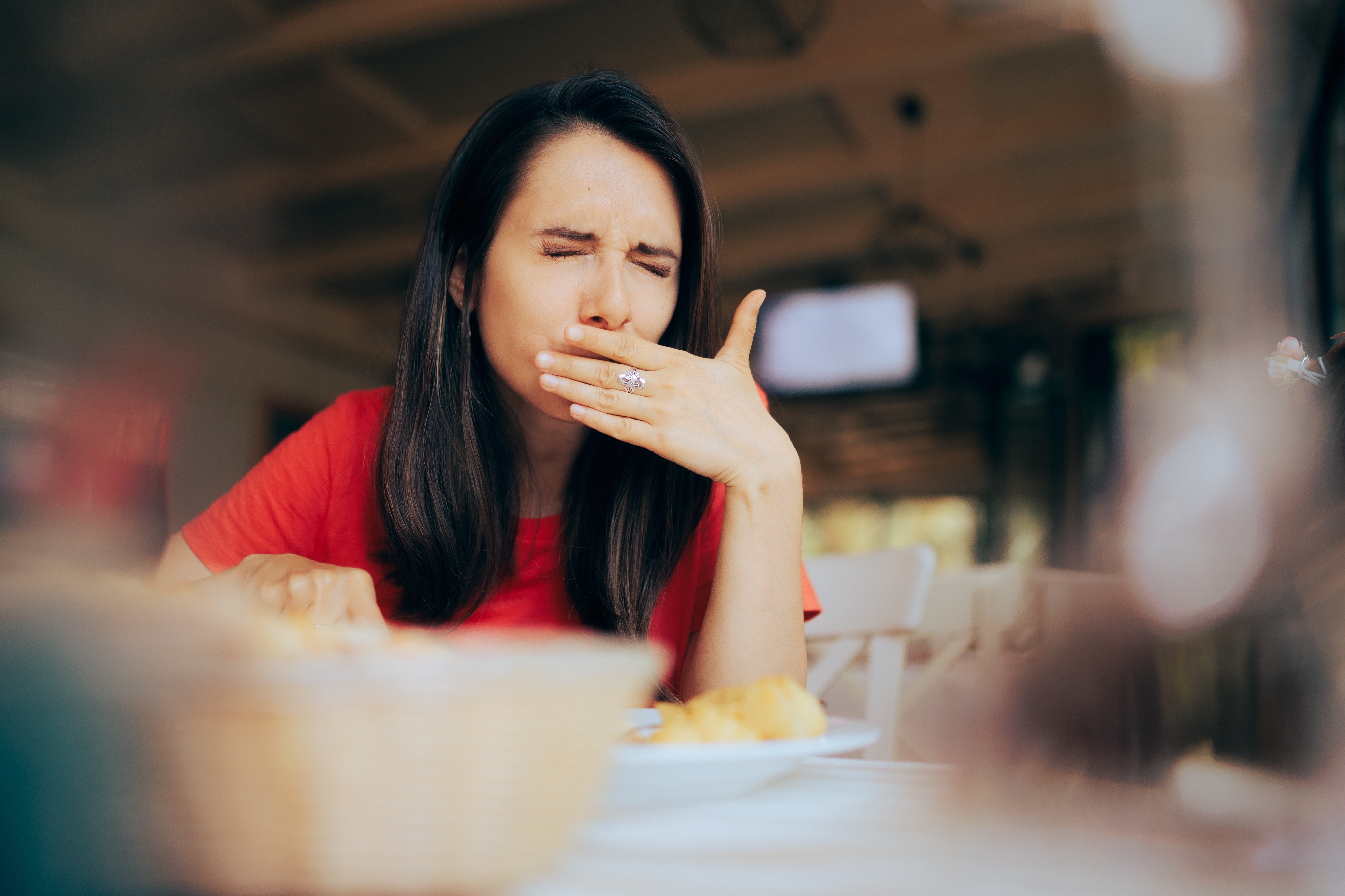 Woman,Feeling,Sick,And,Disgusted,By,Food,Course,In,A