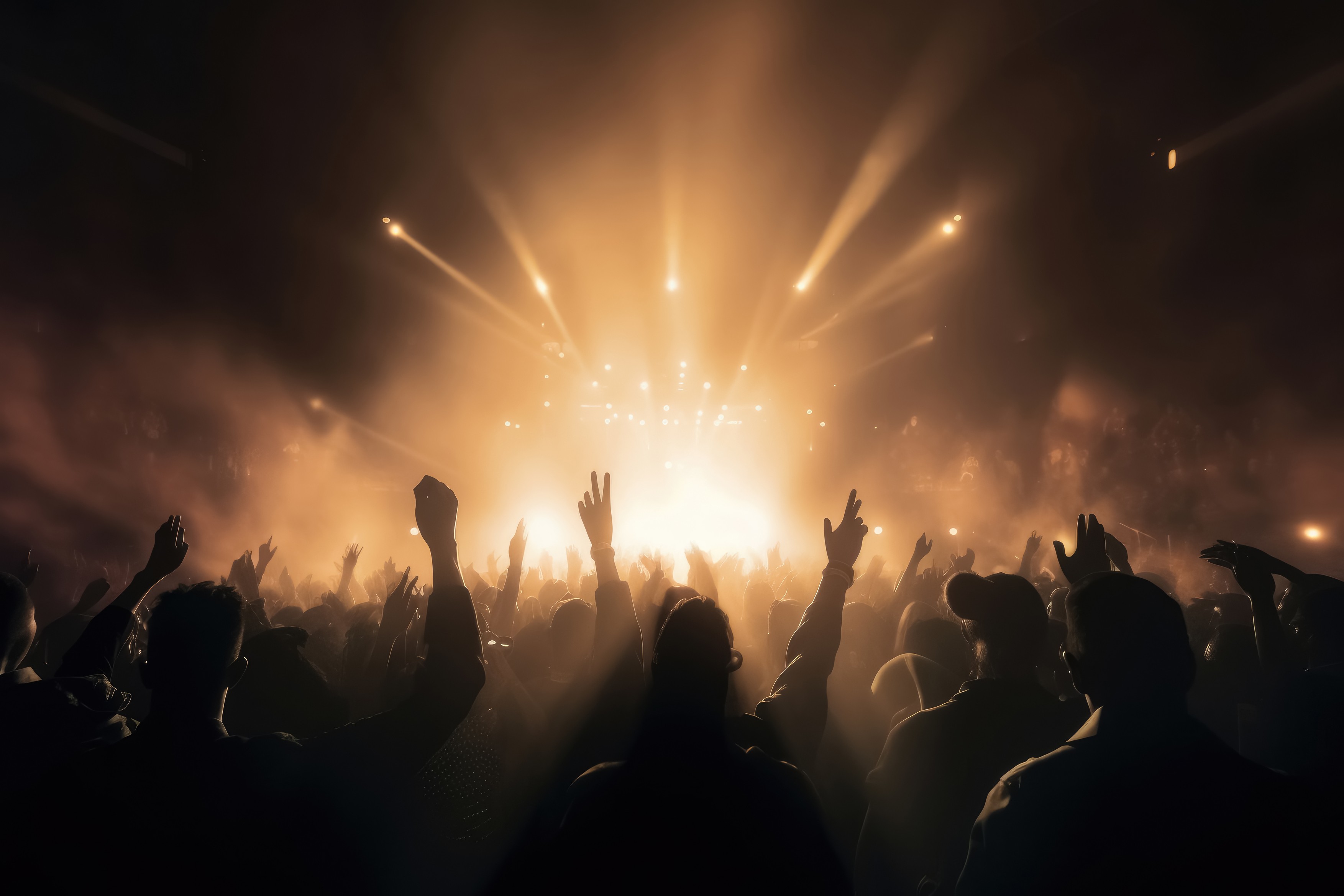 Black silhouette of a huge crowd of cheering people in front of a rock stage with soft bokeh lights created with generative AI technology.