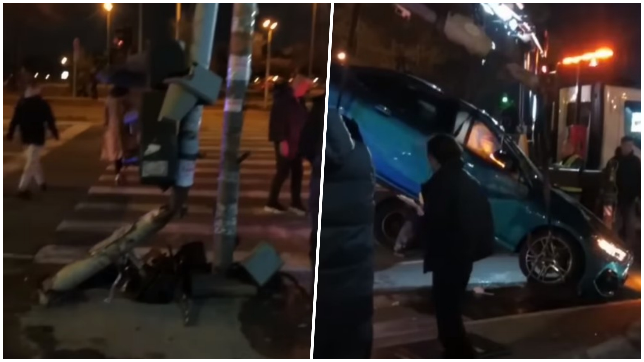 Nezgoda kod NIS pumpe kod Ada Mall-a. Vozač plavog BMW-a izleteo sa puta i udario u semafor i prevrnuo se. Nema teže povređenih lica