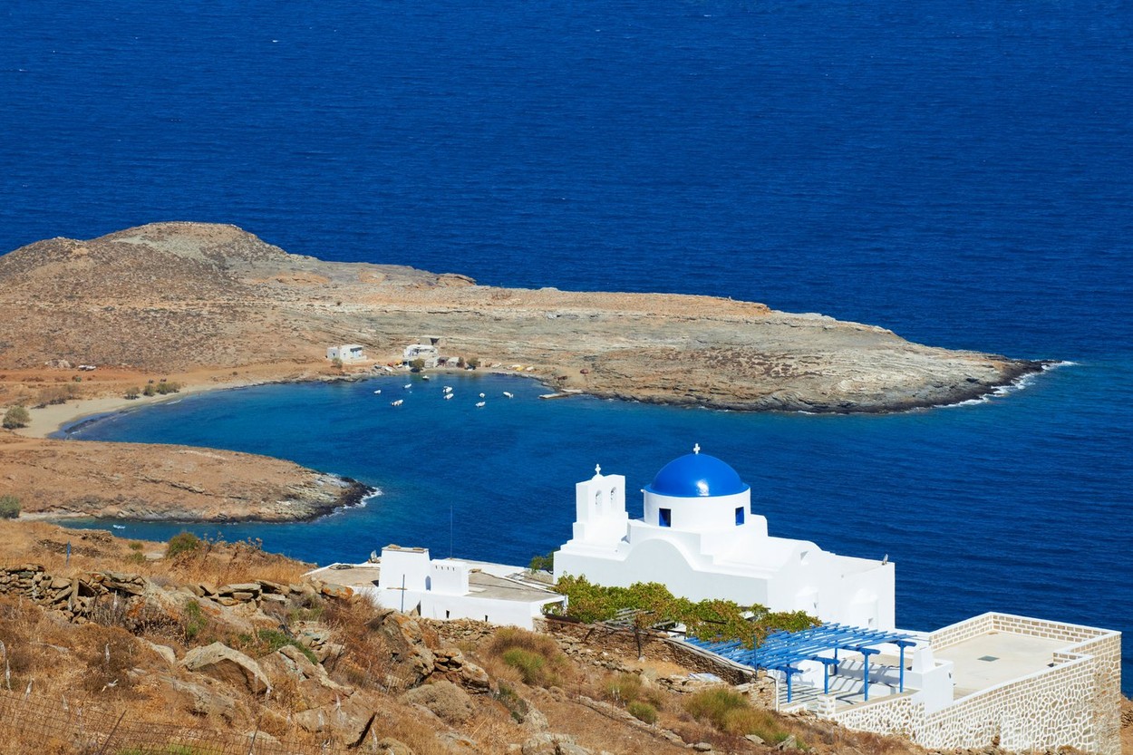 Greece, Cyclades Islands, Serifos island, Platis Gialos beach and Skopiani church
