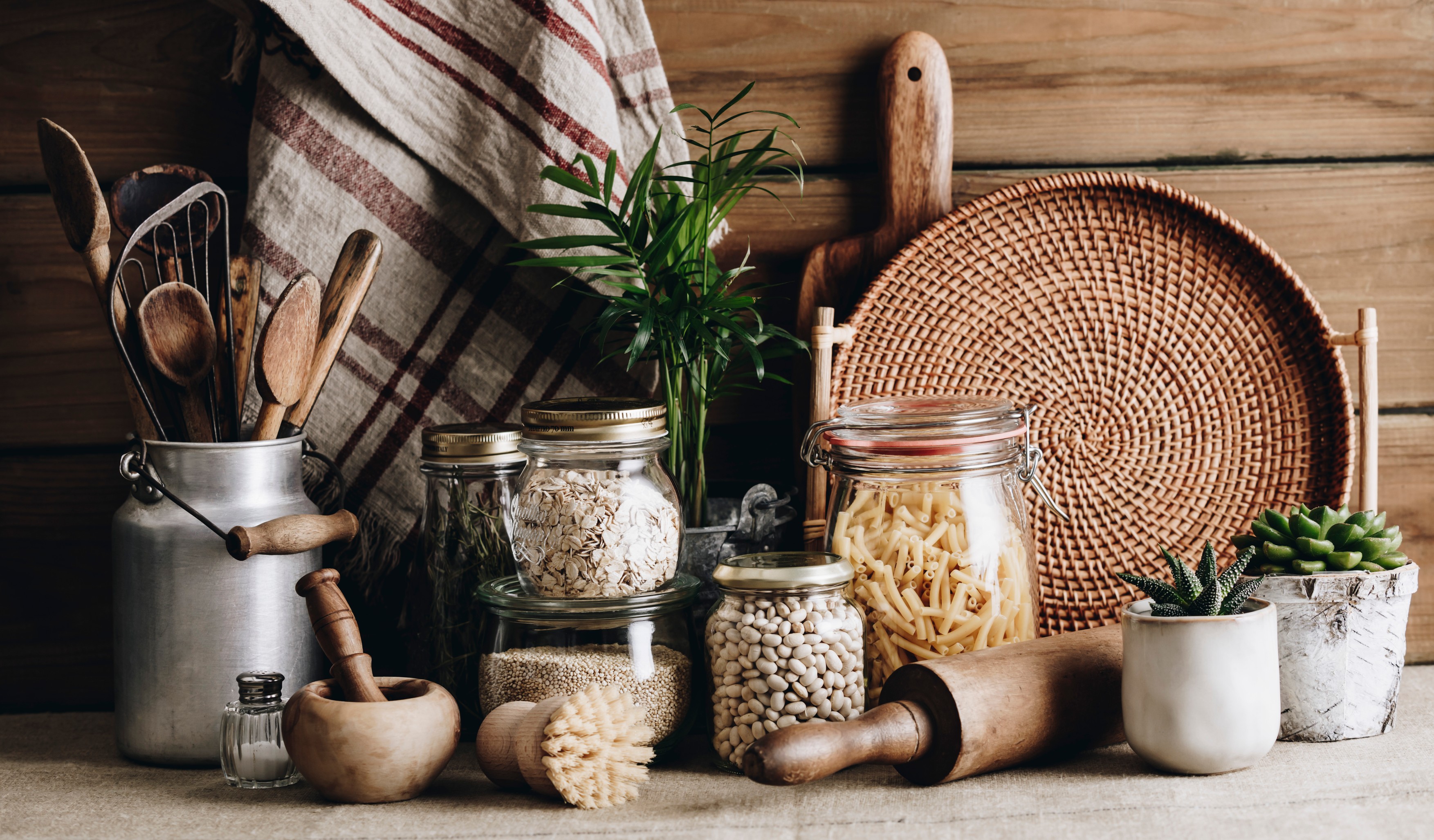 Eco-friendly kitchen concept: Kitchen cooking utensils, house pl