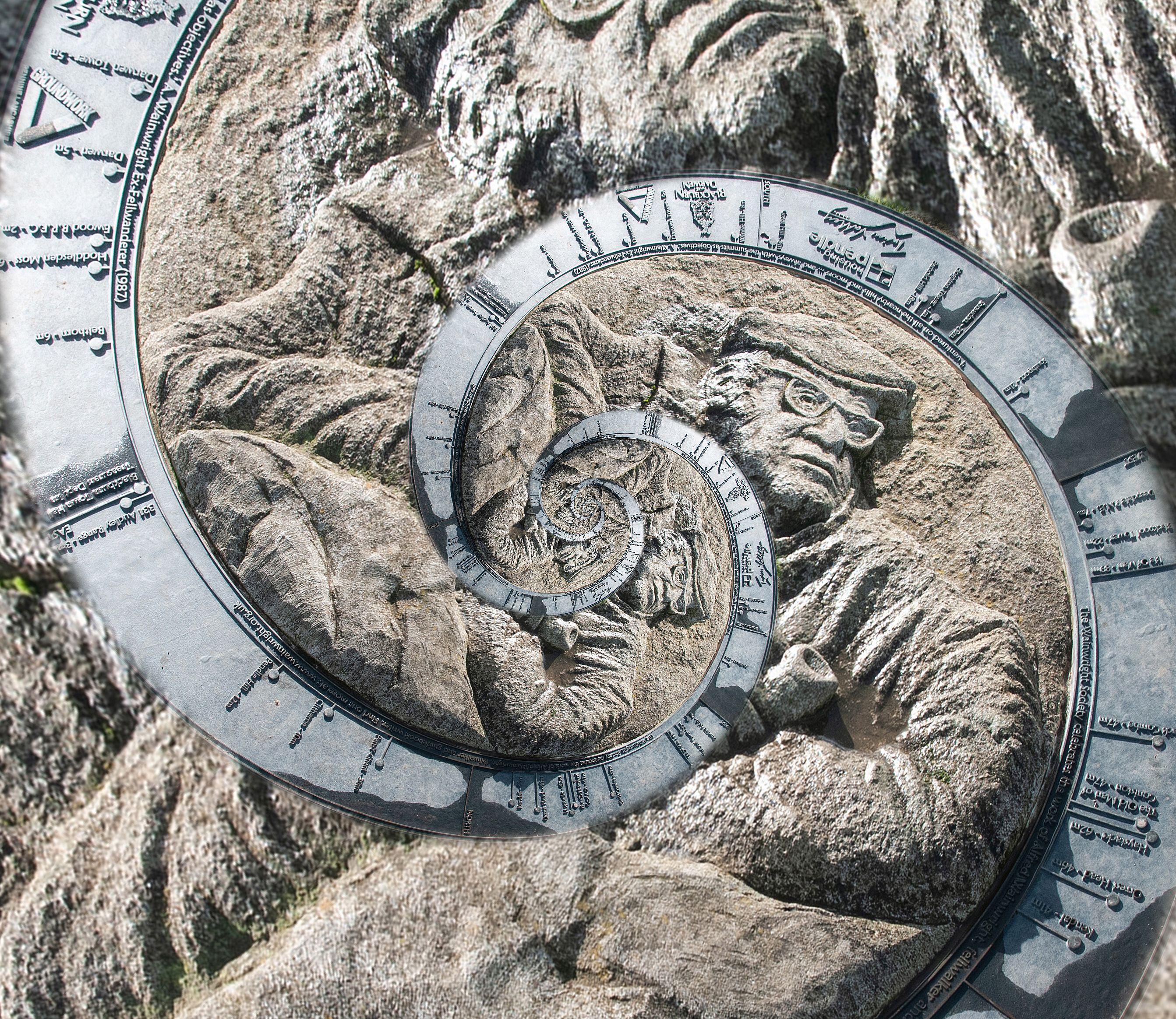 Around the UK - images with a twist. Abstract spherical distorted images. Alfred Wainwright Memorial, distorted into a spiral.