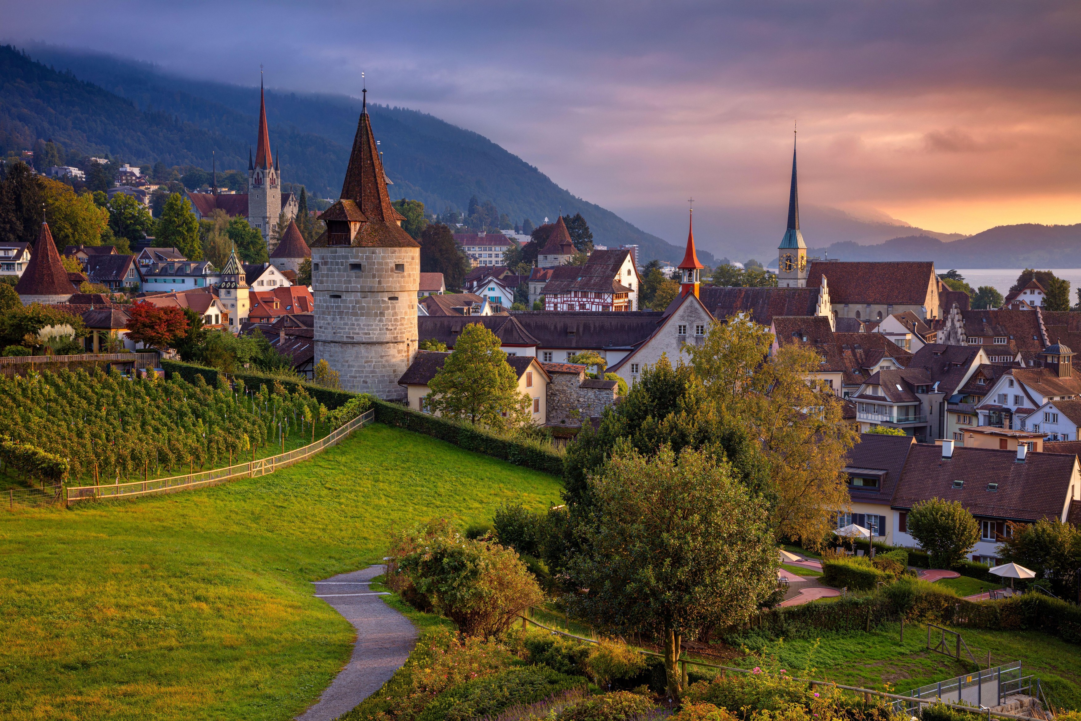 Zug, Switzerland. Cityscape image of Zug at beautiful autumn sunset.