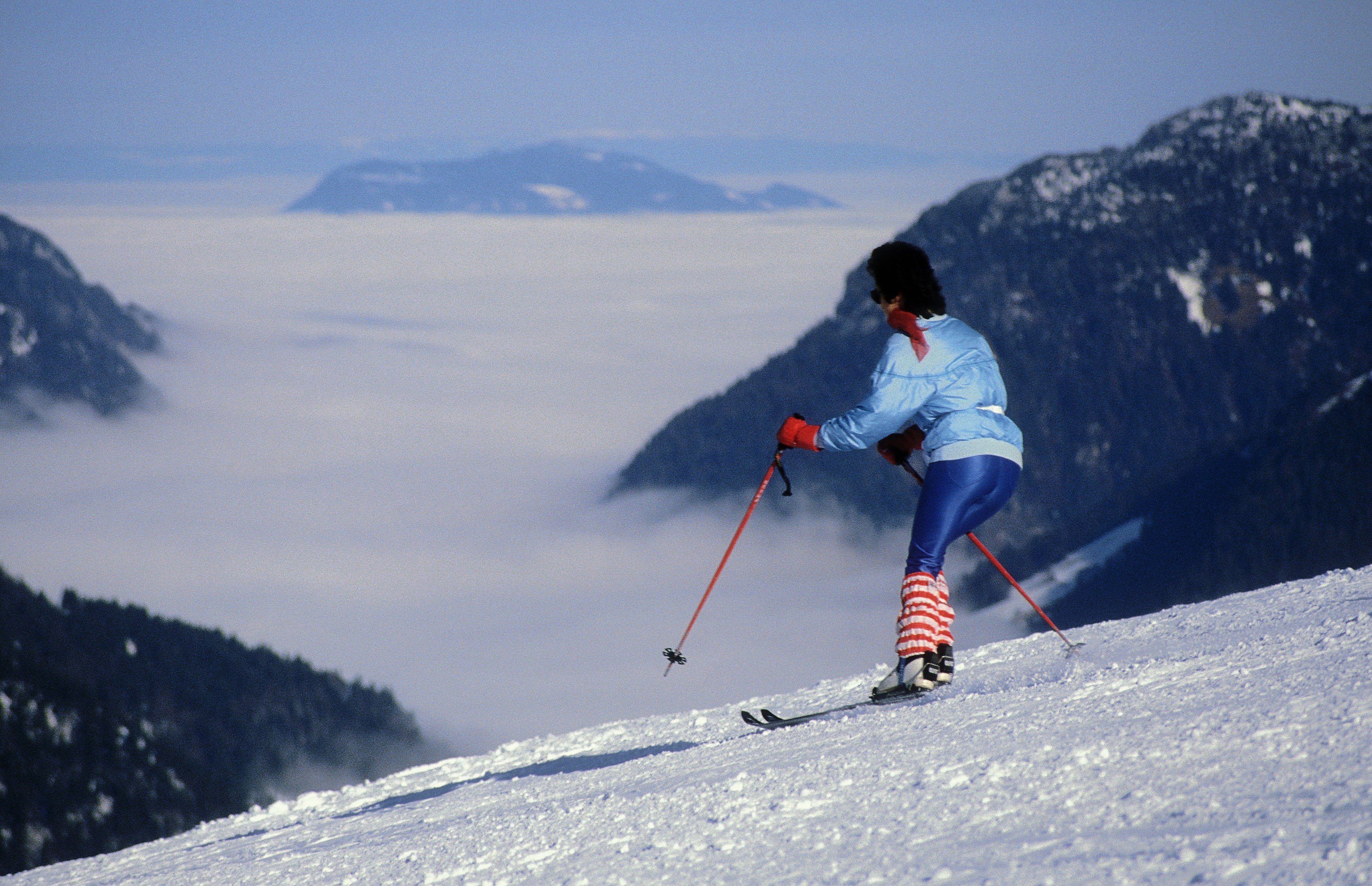 Skiing on a piste high above Bad Gastein in Austria