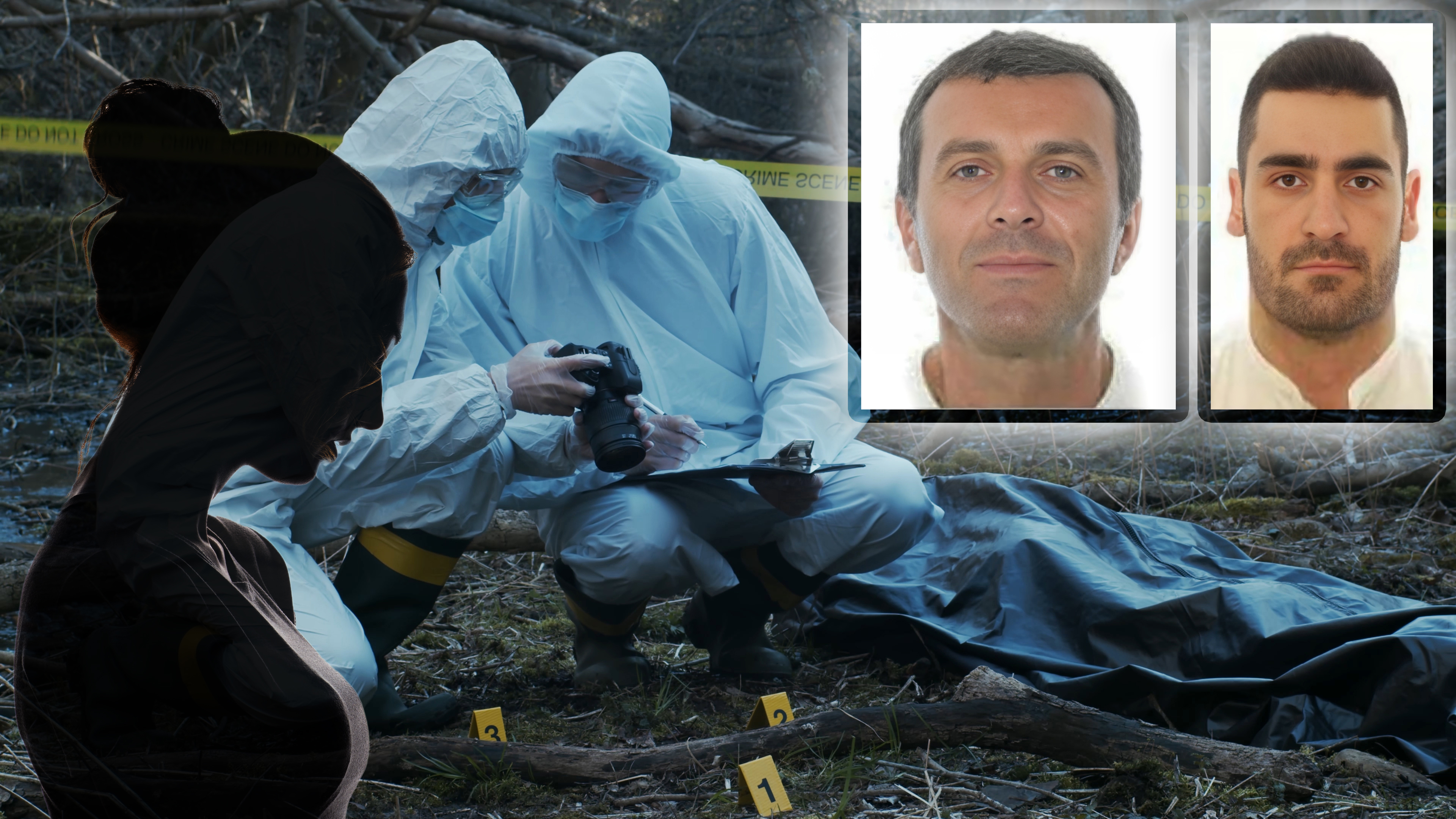 Detectives are collecting evidence in a crime scene. Forensic specialists are making expertise. Police investigation in a forest. hronika kombo