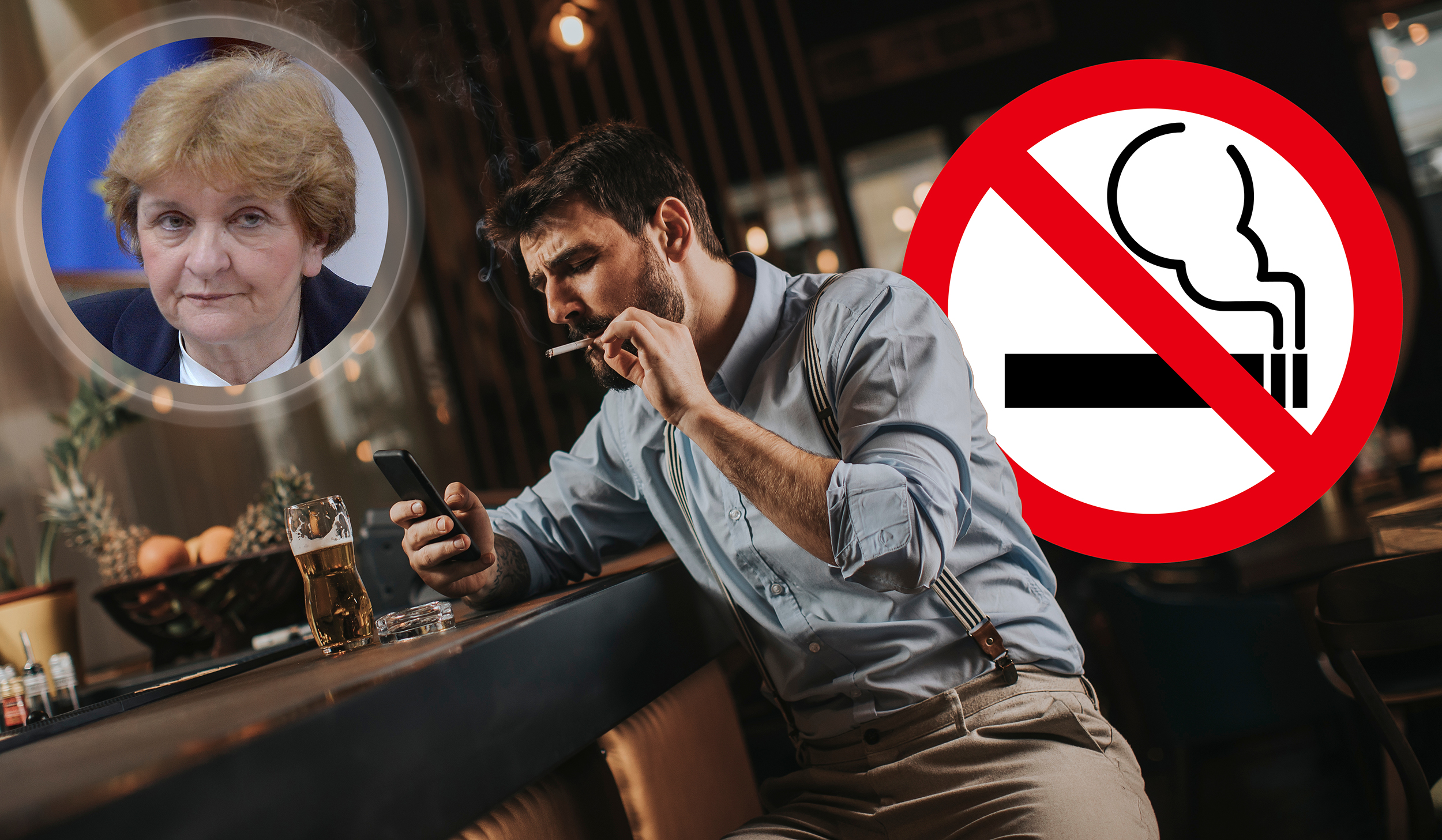 Konačno zabrana pušenja u zatvorenim prostorima Danica Grujičić i znak za zabranjeno pušenje, neki kafić u pozadini Young man drinking beer, smoking cigarette and using mobile phone at the pub