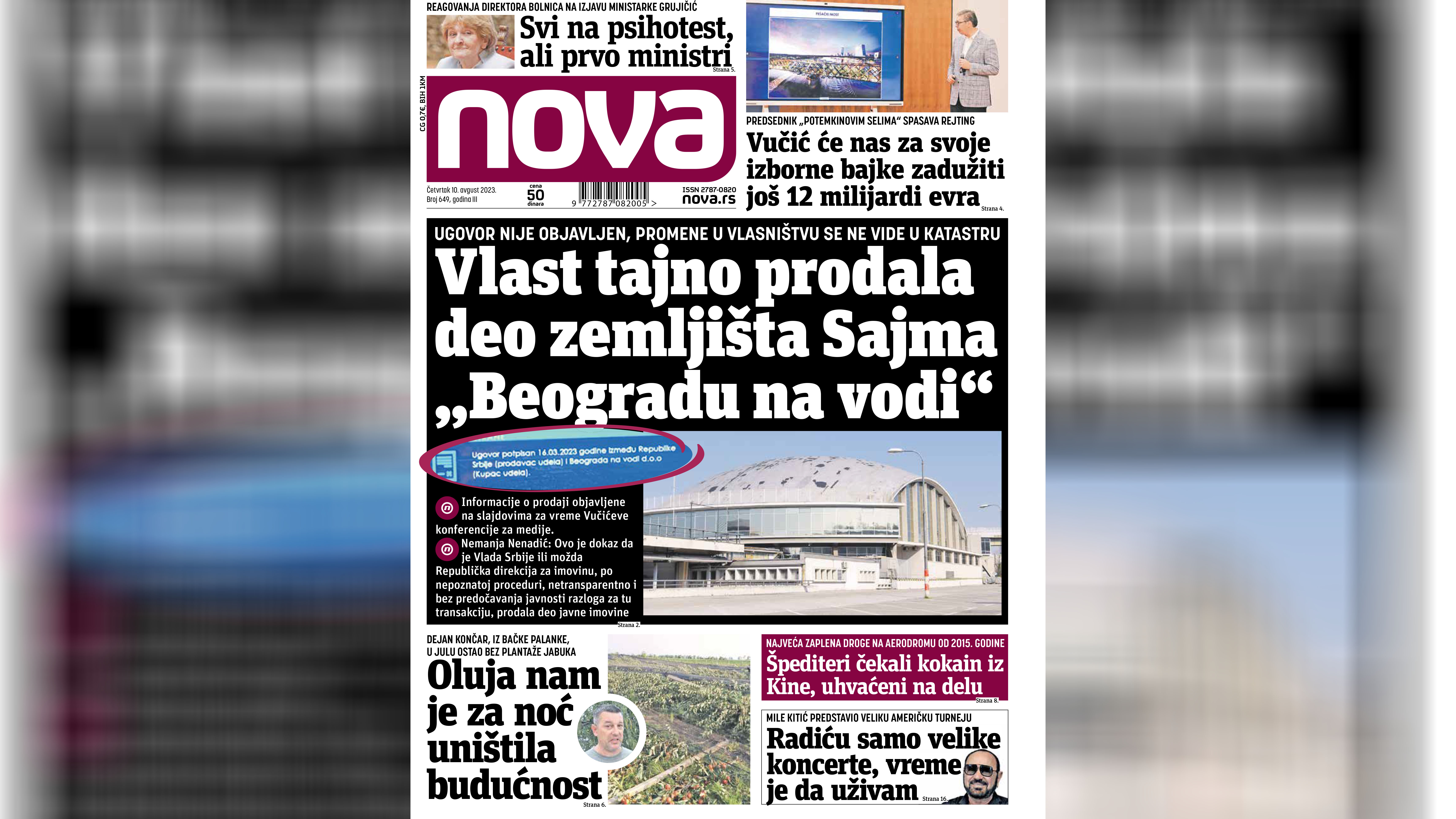 Nova, naslovna za četvrtak 10. avgust 2023. broj 649, dnevne novine Nova, dnevni list Nova Foto: Nova.rs